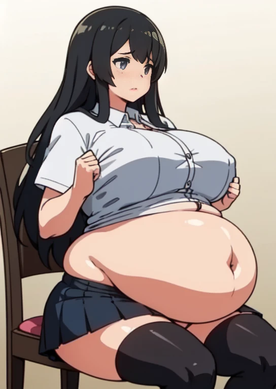 (masterpiece, best quality), 1girls, big belly, blurry background, huge belly, art by kipteitei, round belly, chubby, curvy, white button-up shirt, skirt, thighhighs, simple_background, gradient_background, belly bursting out of shirt, belly grab, enormous belly, fat belly, thicc, bigger belly, sitting on chair, really big belly, jiggly belly, shirt covering belly, belly cover by shirt