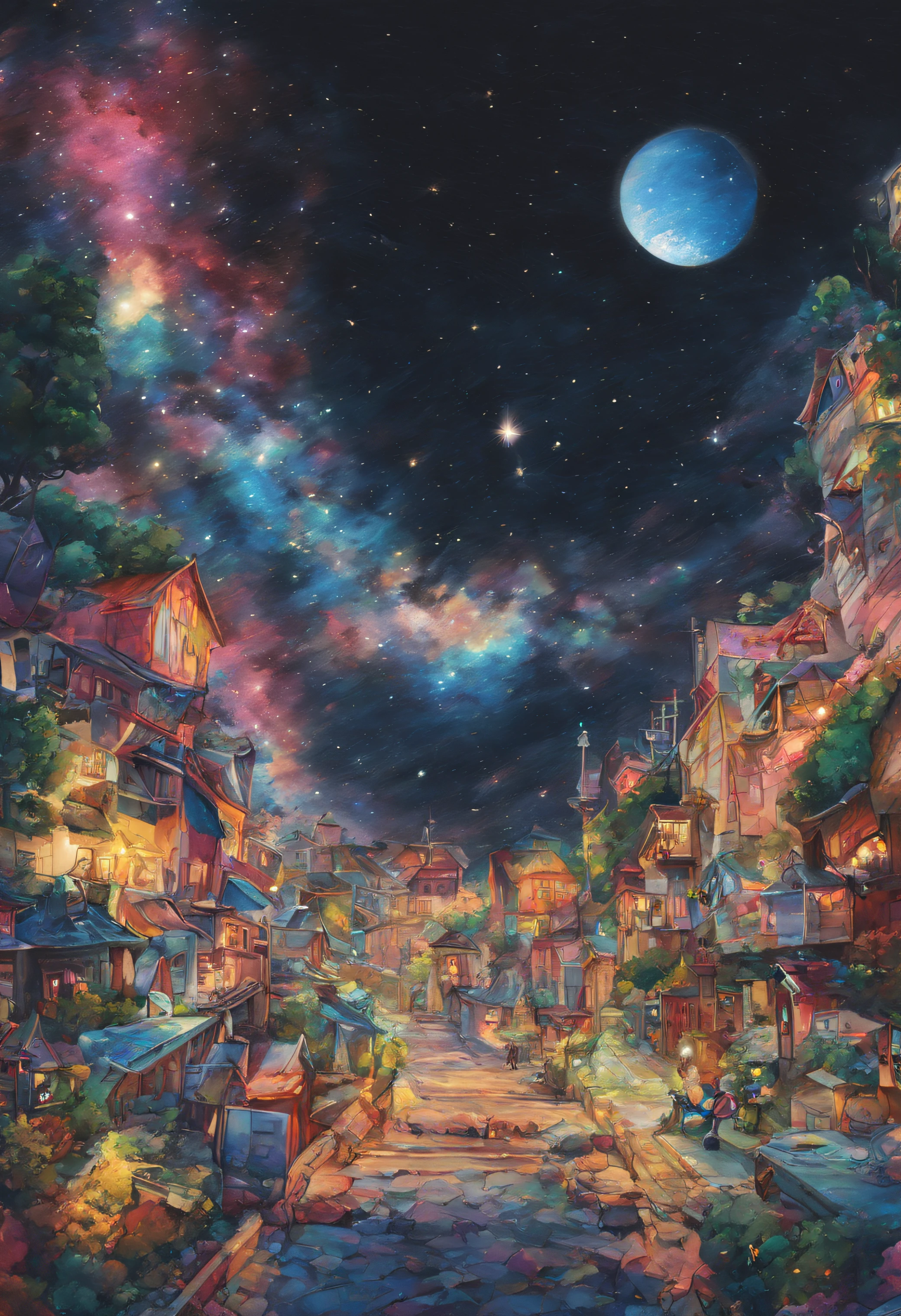Colorful colors、peep land、illustratio、(Milky way:1.6)、kosmos、Shining stars々、Wet、glitters、masutepiece、top-quality