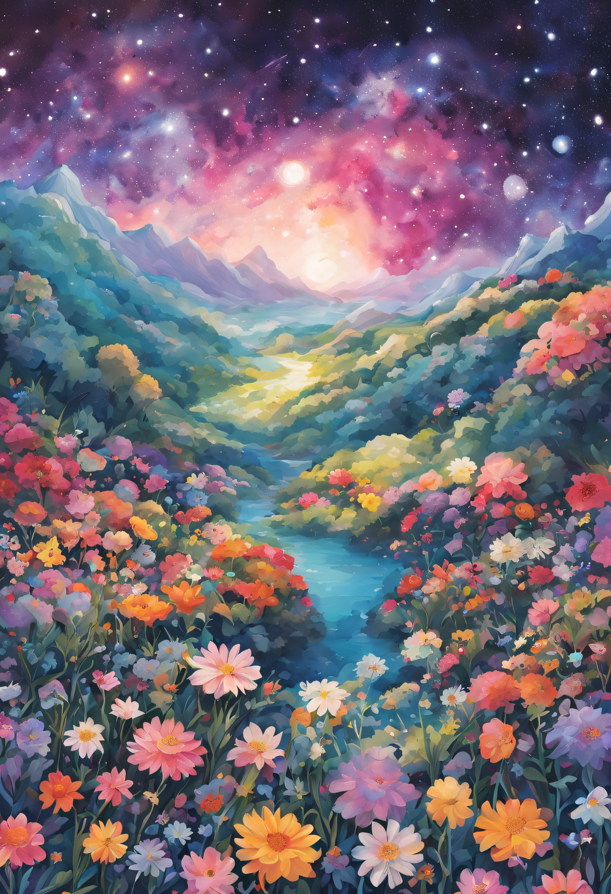 Beautiful flowers々、lots of flower、Colorful colors、peep land、illustratio、Milky way、kosmos、Shining stars々、Wet、glitters、masutepiece、top-quality