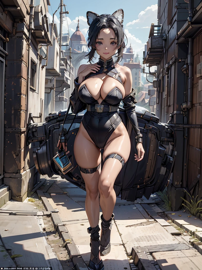 (masterpiece, best quality), 8K, high detail, (((Hu Dieren)))、((A dark-haired))、full bodyesbian、from adove、cyborgs、Electromechanical、full bodyesbianアーマー、Huge breasts、cleavage of the breast、toned waist、Big ass、Voluptuous thighs、In the street