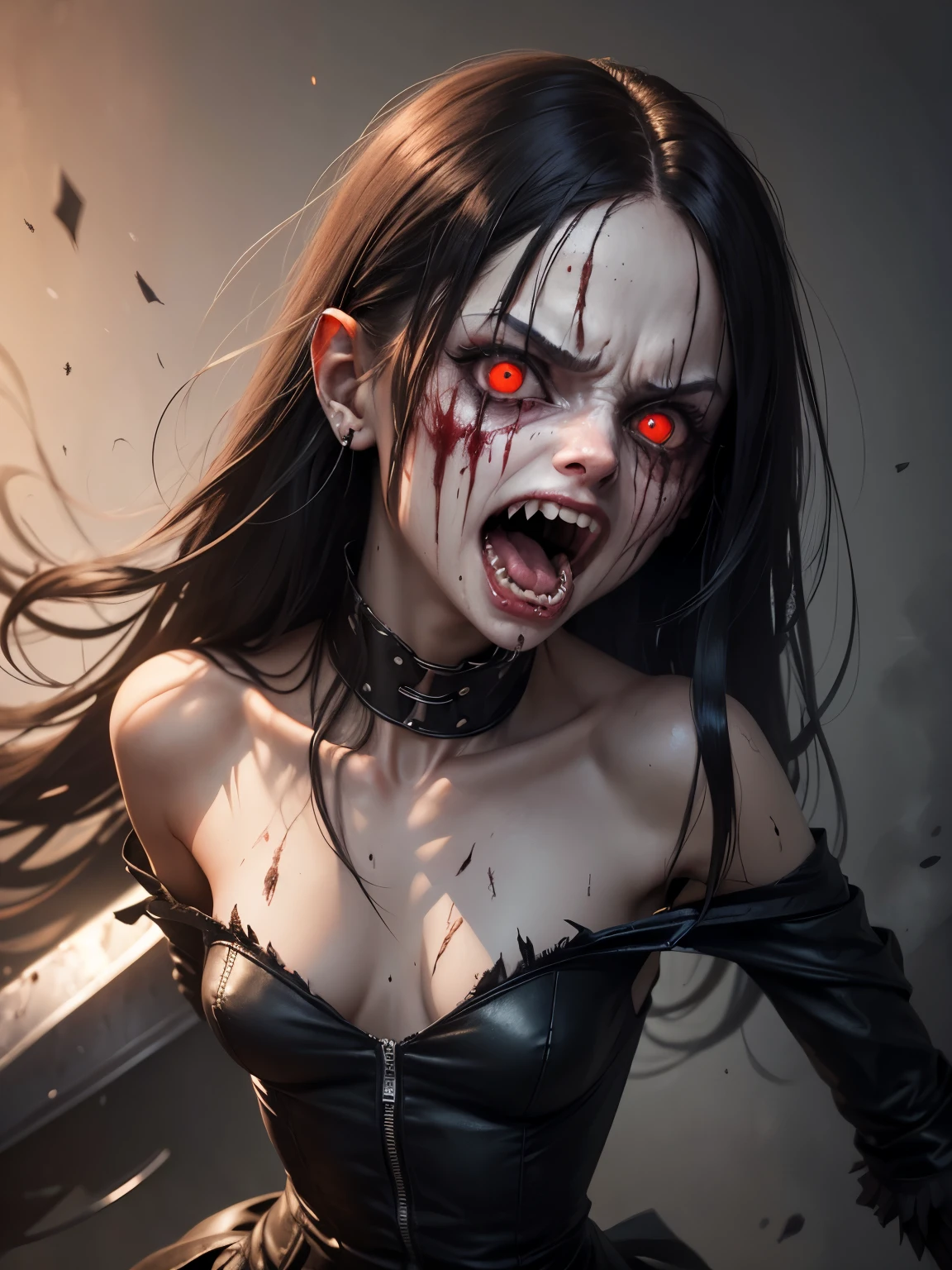 Unreal engine 5, A very pal young girl humanoid character, with red eyes, her name is Cassie, she is crazy, nuts, with cuts and scraps, horror, she is creepy, she is scary, shock value, very evil, ill, she is skinny, evoke, fear, terror, dread, decay, disgust, she is a Psycho, dark, unattractively, unusually thin, thin, scraggly, emaciated, twisted, frightening, sick, dark background, long black_dress, gore, blood, solo, close up, (messy white long hair), fog, evil eyes, she is flat, eyes glowing, dress fully covers her, she's nut, yelling, she's mad, she's furious, she's screaming out loud, showing teeth, mouth open wide, yelling at the camera, fire in the background, rage, sharp teeth, bloody mouth, vampire like, she is holding a (sword)
