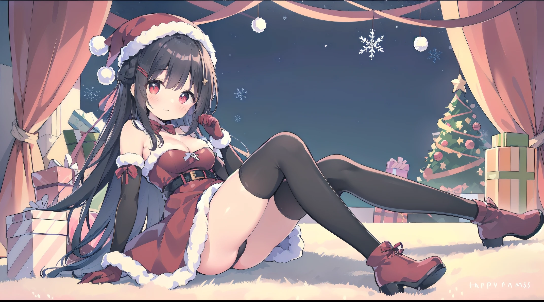(wearing cute red christmas dress, wearing big red christmas hat, big red ribbon on the back of her hair, christmas gloves, wear long black stocking, knee high red christmas boots:1.5), picture infront of big christmas tree on a big outdoor plaza at night with starry sky and a lot of hanging christmas light, (gentle housewife, small girl, full body, depth of view, petite and short figure girl, cute and , perfect woman, medium cleavage, mature aura:1.2), (masterpiece, best quality, HD Pictures, 4K:1.1), outdoor, very long hair, bangs, gentle look, gentle smile, gentle eyes, mature looking, pinkish cheeks, very detailed eyes, very detailed pupils, very detailed ridiculously long black hair, detailed face, detailed ruby red eyes, full body, look up to viewer, detailed long black hair, (happy gentle face, warm smile, blushing red cheeks, hands reaching towards viewer:1.3)