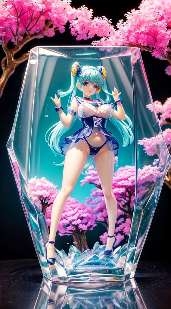 Ultra Miniature Paintings,pvc revoltech,figma,idolmaster,Crystal clear glowing eyes,embarrassed from,Acrylic Stand,Realistic three-dimensional effect,Bright face,Crying face,A sexy,可愛いAcrylic Standの女の子,sailor,big breasts thin waist,Slim big,teats,toppless,gold shiny twin tails,Transparent vinyl,Transparent panties,motor show,spot light,plastic model,inside the acrylic box,