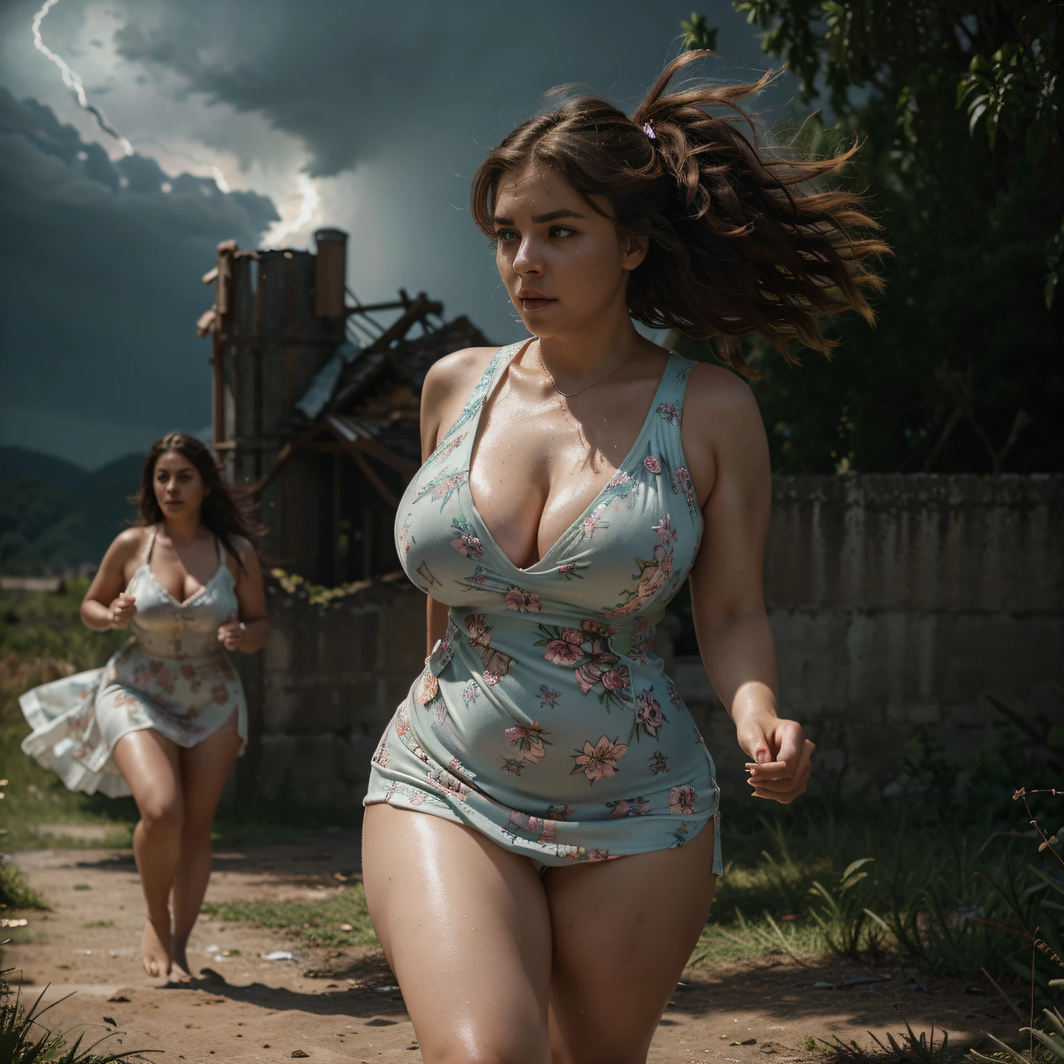 ((curvy woman running away from cheating husband)), fleeing, ((big curvy hips)), lightening, thunder, stormy, big tornado, glowing, blowing long messy hair, bright clear eyes, (flower dress), powerful, 24mm, 4k, soft cinematic light, RAW photo, photorealism, photorealistic, intricate, elegant, highly detailed, sharp focus, ((cinematic look)), soothing tones, insane details, intricate details, hyperdetailed, low contrast, soft cinematic light, dim colors, exposure blend, hdr, faded, (epic), sexy, magical, blooming, iridescent, epic, jewelry, sweaty, broken heart