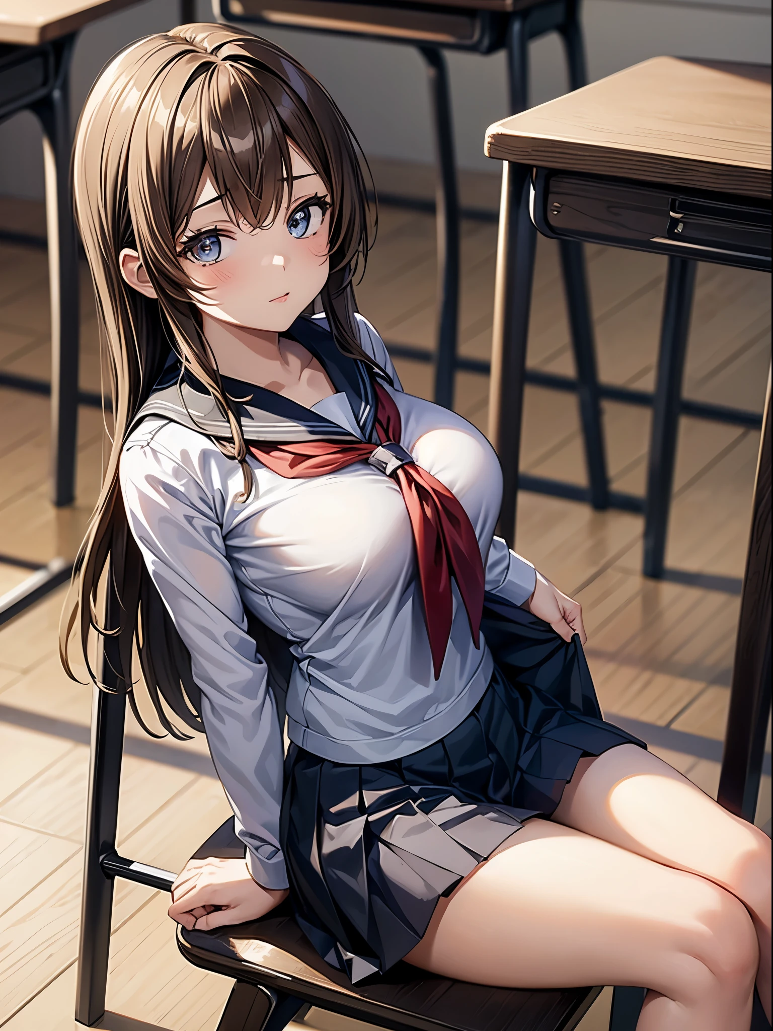 ((masutepiece)), ((Best Quality)), (Ultra-detailed), ((Extremely detailed)), 4K, (8K), Best Quality, (Beautiful), Anime style, Upper body, from below looking up, full body focus, In the classroom, Cut s, 1girl in, Solo, School uniform, I am sitting on a chair with my legs spread wide, facing towards me., Showing her panties,Beautiful light brown hair, ((Beautiful eyes)), Long hair, Buttocks, large full breasts, Ashamed, sparkling effect, Lens Flare, shiny-glistening, gleaming,NSFW