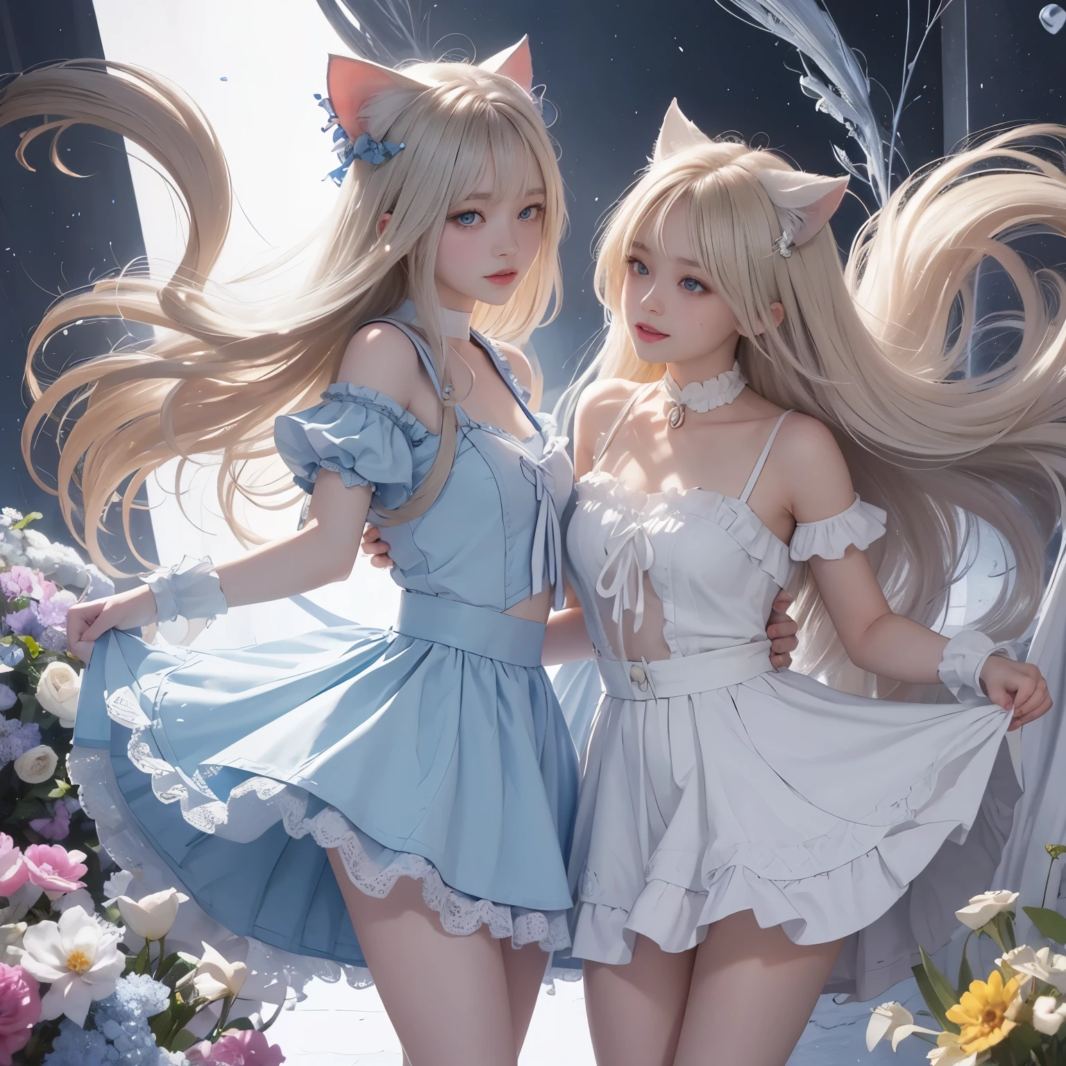 bright expression、photorealisim、top-quality、超A high resolution、a picture、絶妙に美しい北欧生まれの女の子のa picture、Extraordinary beautiful girl、Detailed cute and beautiful face、(pureerosface_v1:0.008)、Beautiful bangs、alice in the wonderland、18year old、Glowing white shiny skin、Flow of hair that extends to the face、Bangs between the eyes、Super long hair、Attractive light and dark platinum blonde super long straight silky hair、finer hair、Attractive glowing beautiful bright clear light blue big eyes、White Apron、Yellow dress、eye liner、Double eyelids、Lush bust、2 girls in、Cat's ears、great laughter、a short skirt、White lace underskirt、Pink panty、