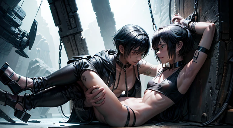 a tied up naked teenager girl in black pigtails with an emo teenager male guy with short black hair squeezing her boobs, spaceship, space ship, futuristic, guy with short hair