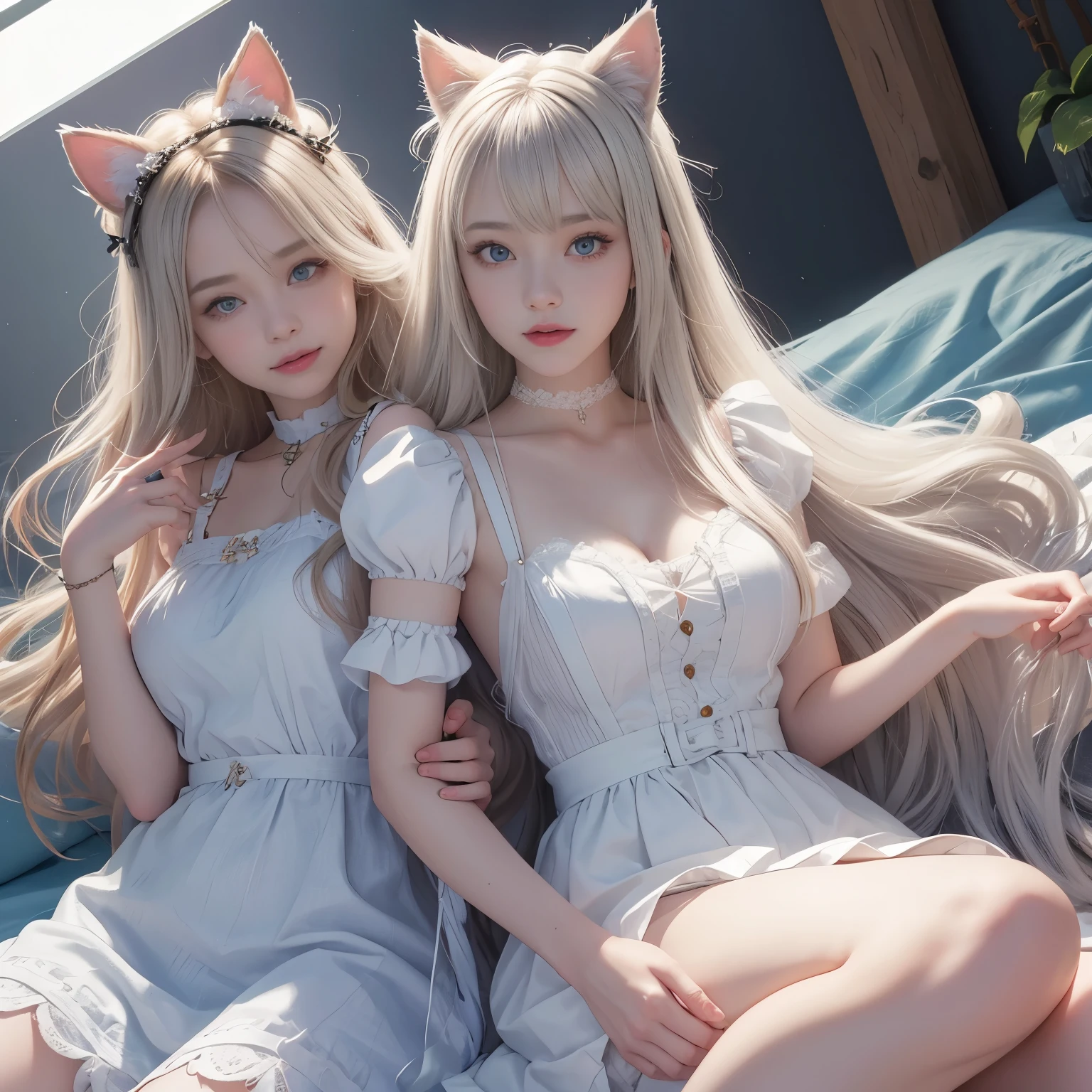bright expression、photorealisim、top-quality、超A high resolution、a picture、絶妙に美しい北欧生まれの女の子のa picture、Extraordinary beautiful girl、Detailed cute and beautiful face、(pureerosface_v1:0.008)、Beautiful bangs、alice in the wonderland、18year old、Glowing white shiny skin、Flow of hair that extends to the face、Bangs between the eyes、Super long hair、Attractive light and dark platinum blonde super long straight silky hair、finer hair、Attractive glowing beautiful bright clear light blue big eyes、White Apron、Yellow dress、eye liner、Double eyelids、Lush bust、2 girls in、Cat's ears、great laughter、a short skirt、White lace underskirt、Pink panty、