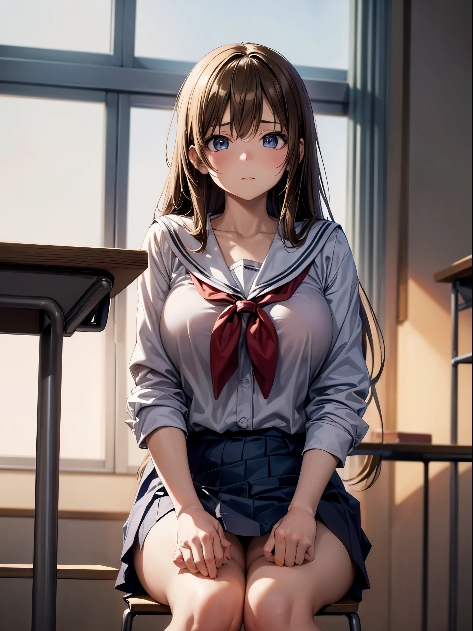 ((masutepiece)), ((Best Quality)), (Ultra-detailed), ((Extremely detailed)), 4K, (8K), Best Quality, (Beautiful), Anime style, Upper body, from below looking up, full body focus, In the classroom, Cut s, 1girl in, Solo, School uniform, (I am sitting on a chair with my legs spread wide, facing towards me., Showing her panties:1.2),Beautiful light brown hair, ((Beautiful eyes)), Long hair, Buttocks, large full breasts, Ashamed, sparkling effect, Lens Flare, shiny-glistening, gleaming,NSFW