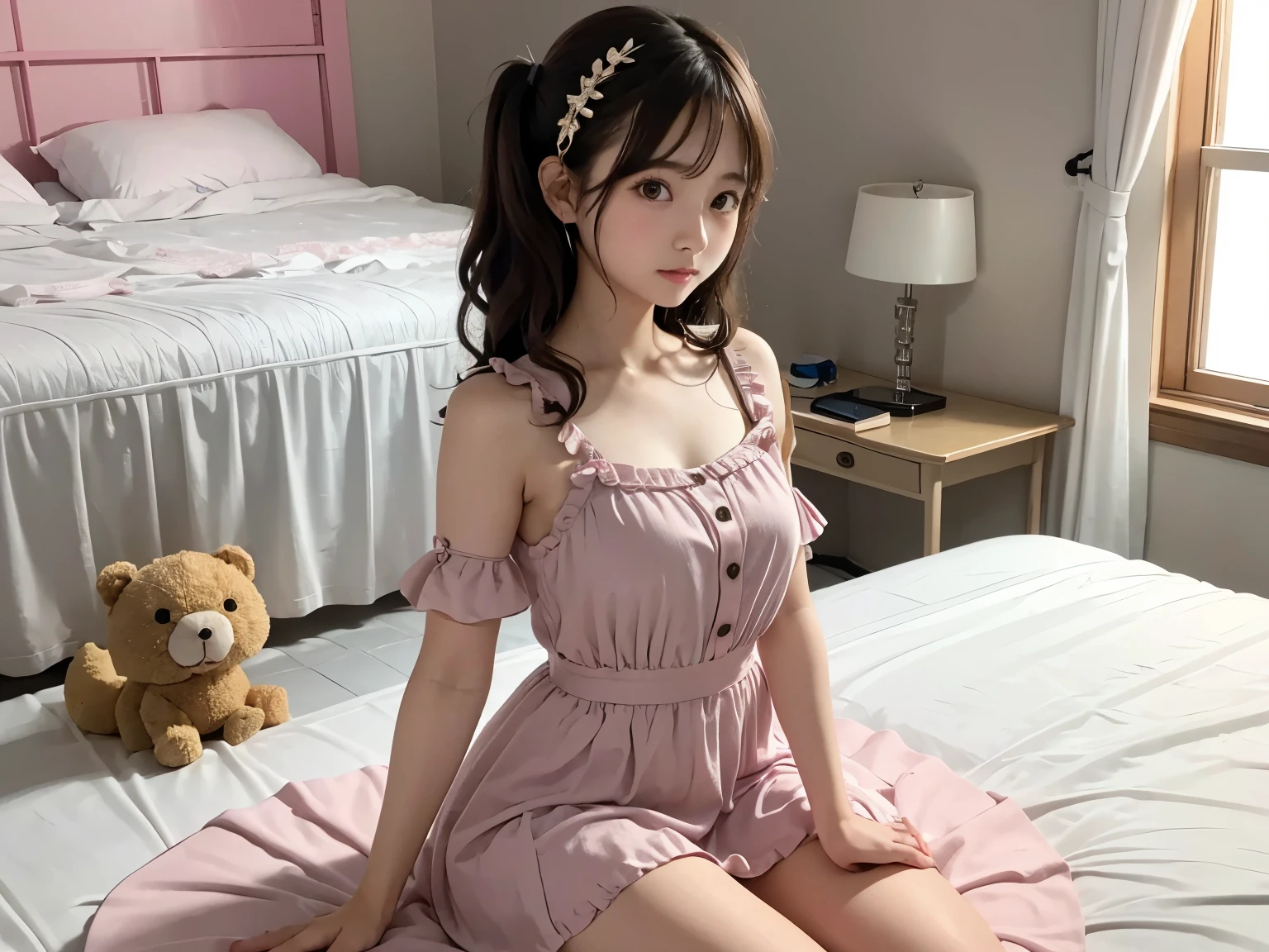 hiquality,8K,逼真,1girl in,Japan gravure idol,Esmanium,6headed body,Brown hair,Bun hair,(Wearing a pink dress,dress with many ruffles,Goth **** costume),(Children's room with a lot of stuffed animals,sitting on a bed)