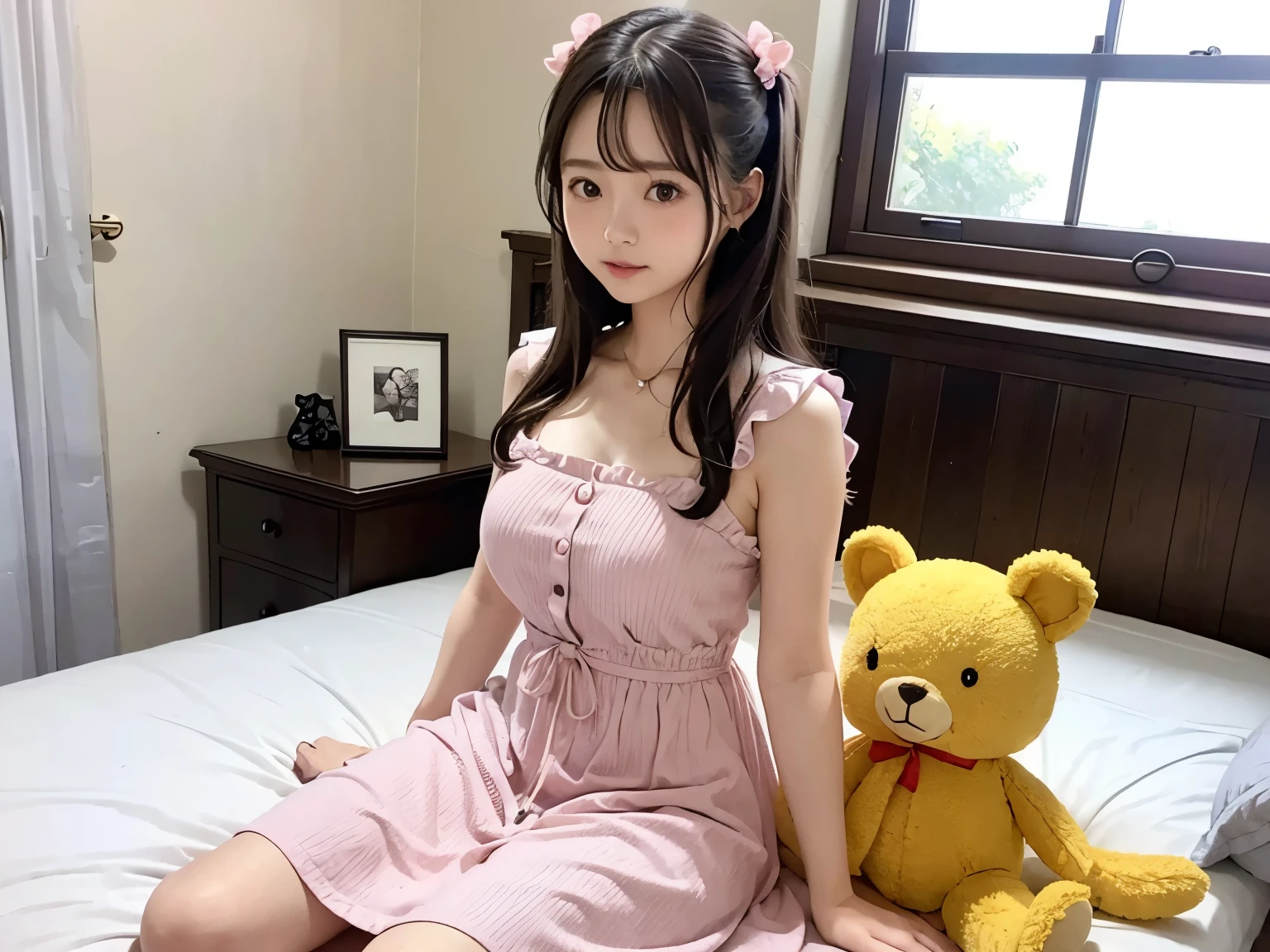 hiquality,8K,逼真,1girl in,Japan gravure idol,Esmanium,6headed body,Brown hair,Bun hair,(Wearing a pink dress,dress with many ruffles,Goth **** costume),(Children's room with a lot of stuffed animals,sitting on a bed)