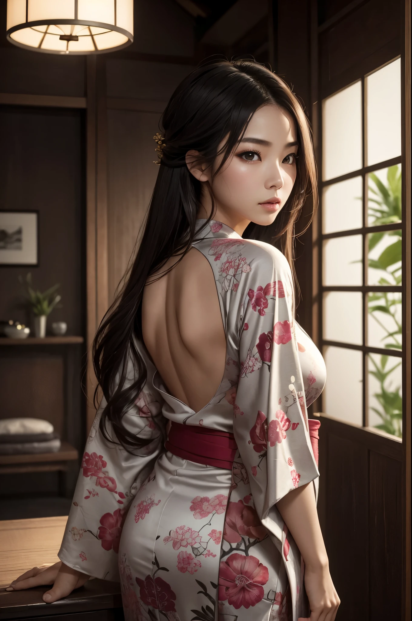 8K,(masterpiece、top-quality:1.3)、超A high resolution,18year old,Highly detailed portrait of a beautiful girl、Super beauty(Like the real thing),length hair、Curvaceous、(1girl in)、((s lips))、(nase)、((Long face))、raw tree、魅惑的、elegent、Stylish、a sultry、A sexy、sharp gaze,Rugged look,Look at viewerlorals、soft makeup、Textured、like pattern ilm、Dynamic Posture、wide Shots、 Dramatic Lighting:1.1、(gradients)、naturey、(face perfect)、outline oconitide、Warmth、light particules、(depth of fields)、(intricate-detail:1.2)、(highly detailed back ground)、East Asian Architecture,The charm of wearing kimono for adults,florals魁(Flashy kimono)facing front,A sexy,glares,gloomy atmosphere,Normal breasts,