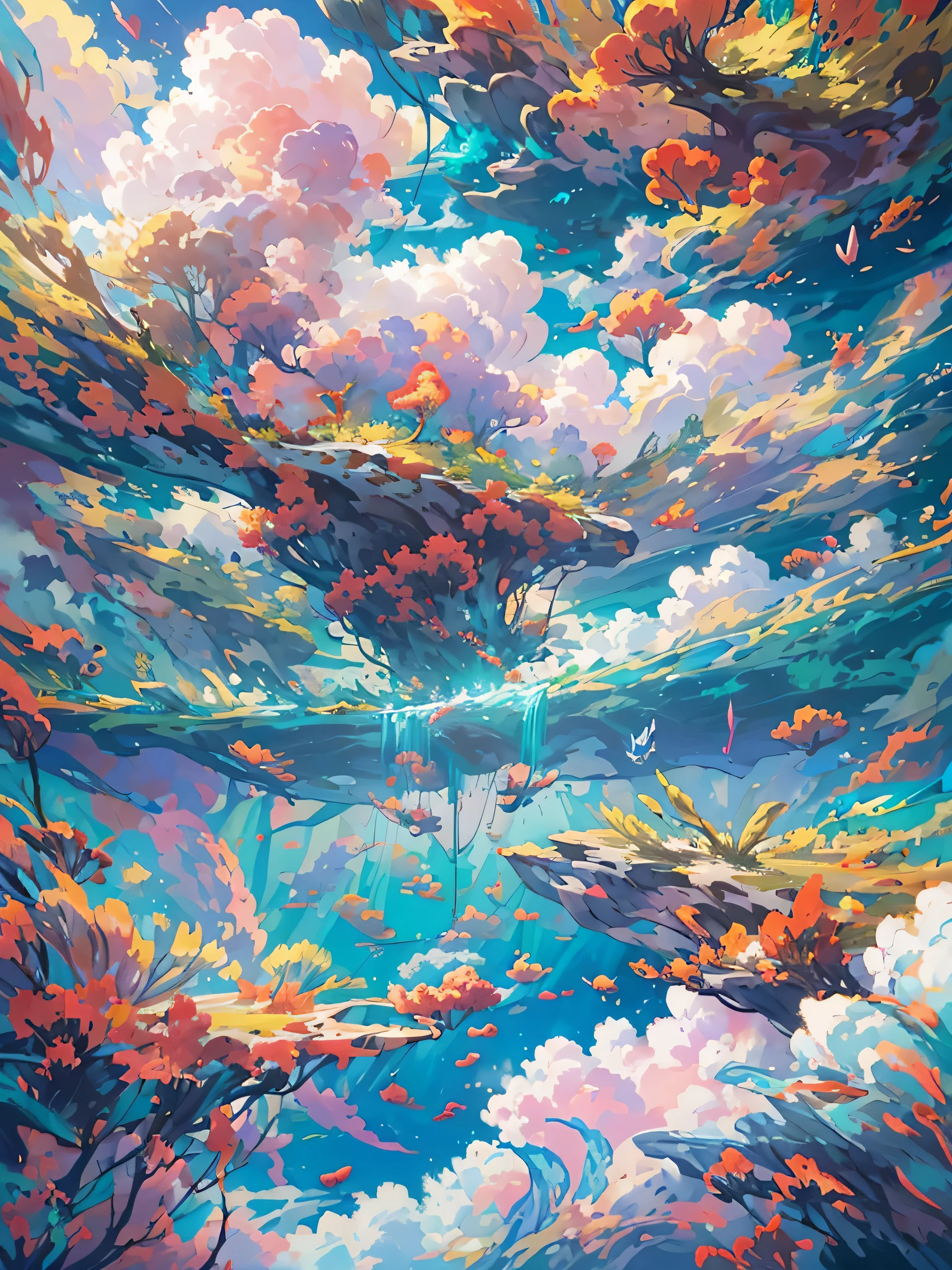 The image is、Capture mesmerizingly beautiful surreal and otherworldly aerial landscapes, The foreground of the image is vast, colorful thunderclouds, Vibrant tapestry of various clouds, Vibrant colors. During the break, Countless fish of all sizes fly around in the clouds..。., Add life and movement to images. What are the characteristics of this image???, however, Creatures from this other world、tomeのようです'Floating in the air, Like a delicate ballerina resting 、Clouds are also illuminated from within, Creates an otherworldly glow that spreads throughout the image. The overall effect of the image is、、、tome'One of the dream-like and surreal underwater worlds, Unforgettable tranquility and majestic natural beauty..
