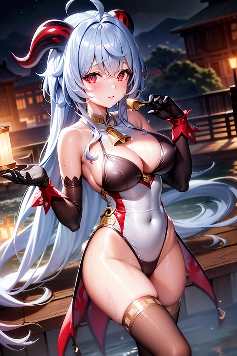 longya，horn，Red-eyed，silber hair，scuh details，Clear public areaquisite，Highest image quality，ellegance，Big breasts are beautiful，magia，magia，Bright picture，Charismatic，coloureautiful graphic tones，Cute face，three dimensional，actual，ridiculous resolution, A high resolution, (tmasterpiece:1.4), ultra - detailed, silber hair，Teenage girl，Raised sexy，Red-eyed，ellegance，nobles，浴室，taking a shower，A beautiful face，hot springs，taking a shower robe，Swimsuit