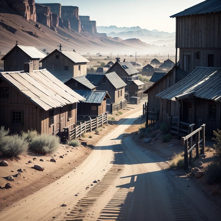 In a Wild West Era style village, dusty dirt roads crisscross between wooden buildings with weathered facades and swinging saloon doors. The village is comprised of frontier-style structures—old wooden homesteads, a sheriff's office with a swinging sign, and a general store with barrels on the porch. Instead of worn stone streets, the pathways are dusty trails stamped by hooves and wagon wheels, occasionally scattered with tumbleweeds rolling by. At the outskirts of the village, a shallow creek flows gently, bordered by shrubs and cacti. A small wooden bridge spans the creek, connecting both sides of the settlement. Nearby, there's a steep canyon with rust-colored cliffs, rather than a ravine, adding a rugged backdrop to the village. The town center hosts a wooden platform used for public announcements and occasional festivities, surrounded by hitching posts for horses. In the distance, the sun rises over the desert landscape, casting long shadows across the tumble-down buildings as the morning fog slowly dissipates, revealing the vast expanse of the untamed Wild West.