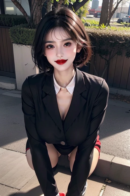 Best quality, full body portrait, delicate face, pretty face, 20 year old woman, , short black hair, slim figure, large bust, ((make up)), red lips, medium breasts, black stockings with dots, OL uniform, office clothes, black shoes, outdoor scene, squat, white panties, smile,