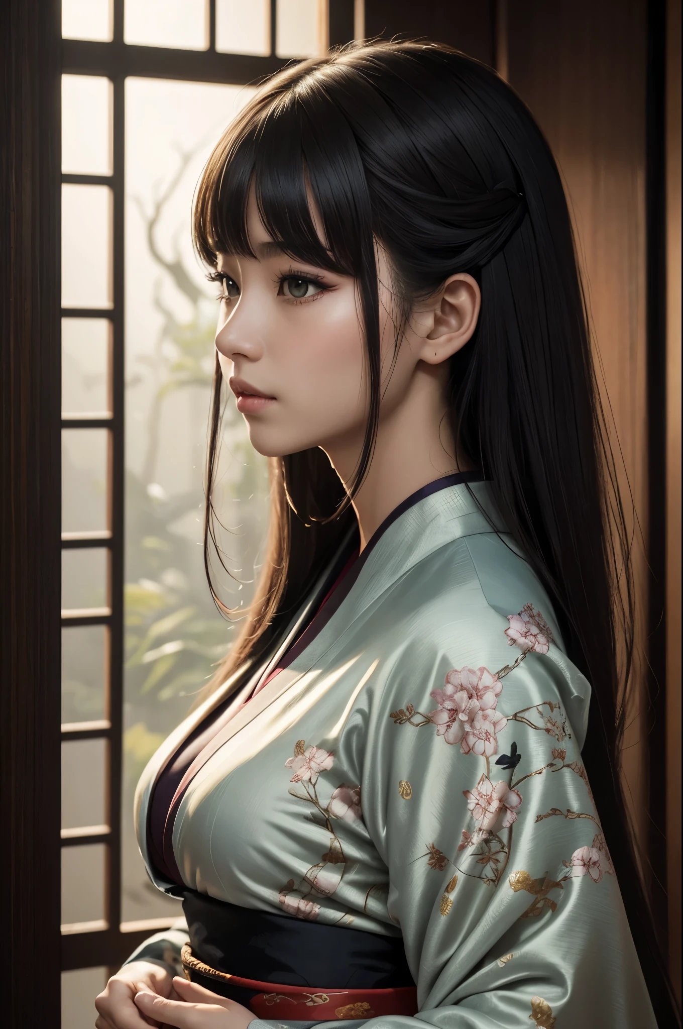 8K,(masterpiece、top-quality:1.3)、超A high resolution,18year old,Highly detailed portrait of a beautiful girl、Super beauty(Like the real thing),length hair、Curvaceous、(1girl in)、((s lips))、(nase)、((Long face))、raw tree、魅惑的、elegent、Stylish、a sultry、A sexy、sharp gaze,Rugged look,Look at viewerlorals、soft makeup、Textured、like pattern ilm、Dynamic Posture、wide Shots、 Dramatic Lighting:1.1、(gradients)、naturey、(face perfect)、outline oconitide、Warmth、light particules、(depth of fields)、(intricate-detail:1.2)、(highly detailed back ground)、East Asian Architecture,The charm of wearing kimono for adults,florals魁(Flashy kimono)facing front,A sexy,glares,gloomy atmosphere,Normal breasts,