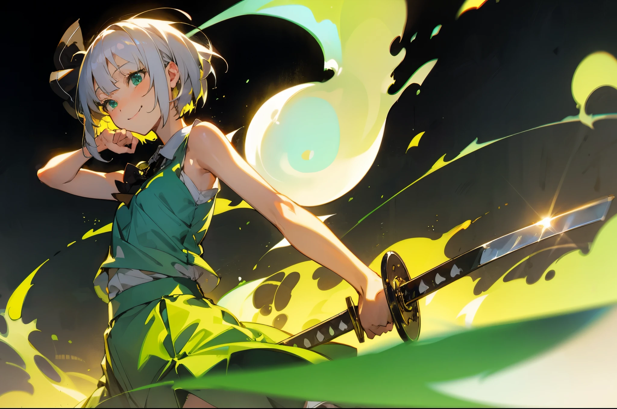 Masterpiece, Best quality, 1girll, White hair,Short hair,Hair ribbon,shairband, Green eyes,bow,White shirt,green tank top,Green skirt,Cowboy shot, Smile,konpaku youmu (ghost),greybackground, arma, sword,