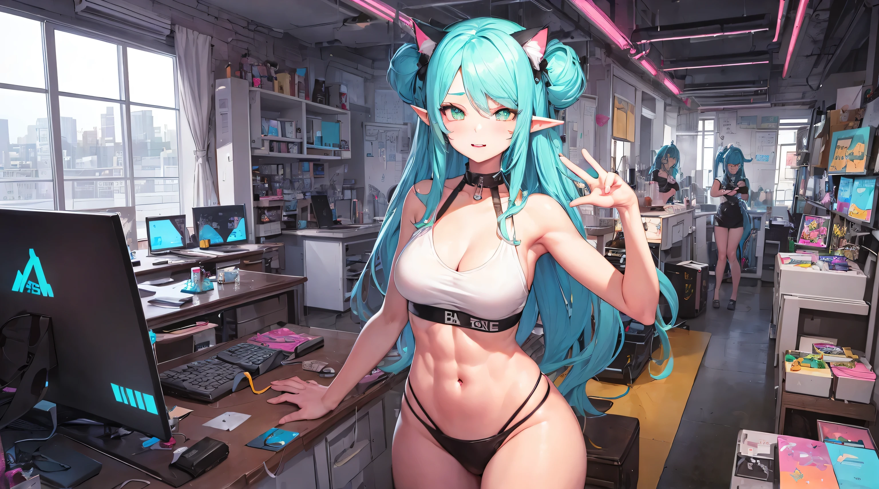 two beautiful skinny elf girls, rainbow color, neon grean and teal haircolor, space buns, cute face, giant green and black octopus tentacles touching the girls, extreme abs, cute face, rainbow colors, city, cityscape, ancient ruins, beautiful girls, cute face, desert, cute face, long neon colored hair, cat ears, extreme abs, rainbow colors, laboratory, desert oasis, cute face, water, detailed scene, futuristic style, rainbow colors, neon green detailes, in a e-girl room with a lot of stuff on the walls, neon blue extremely long hair, cute face, extreme abs, very skinny, futuristic style, computer, cute face, cluttered room, art paintings, neon signs, window, drow elf, extreme abs,