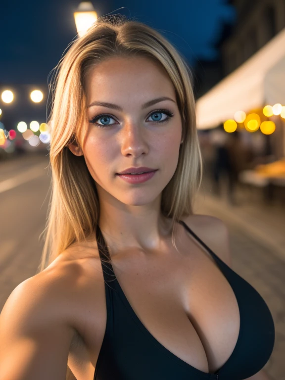(Selfie, Draufsicht: 1.4), (straight half of the body: 1.4), RAW UHD portrait photo of a  blonde (Blue-eyed woman) Anna Kournikova in sportswear, big breasts,, Stadt bei Nacht, (Rock), (Ausschnitt), Details (Gewebe! , Haar! , Glitzer, Farbe!! , Benachteiligungen: 1.1), shiny eyes with high level of detail (Blick in die Kamera), SLR-Beleuchtung, Spiegelreflexkamera, ultra quality, Sharpness, Depth of field, Filmkorn (Mitte), Fujifilm XT3, kristallklar, Rahmenmitte, Beautiful face, Scharfer Fokus, Streetlight, Neonbeleuchtung, bokeh (schwach beleuchtet), Nacht, (Nachthimmel), Detaillierte Hautporen, Oily skin, Sonnenbrand, Komplexe AugenDetails, full entire body, big boobs