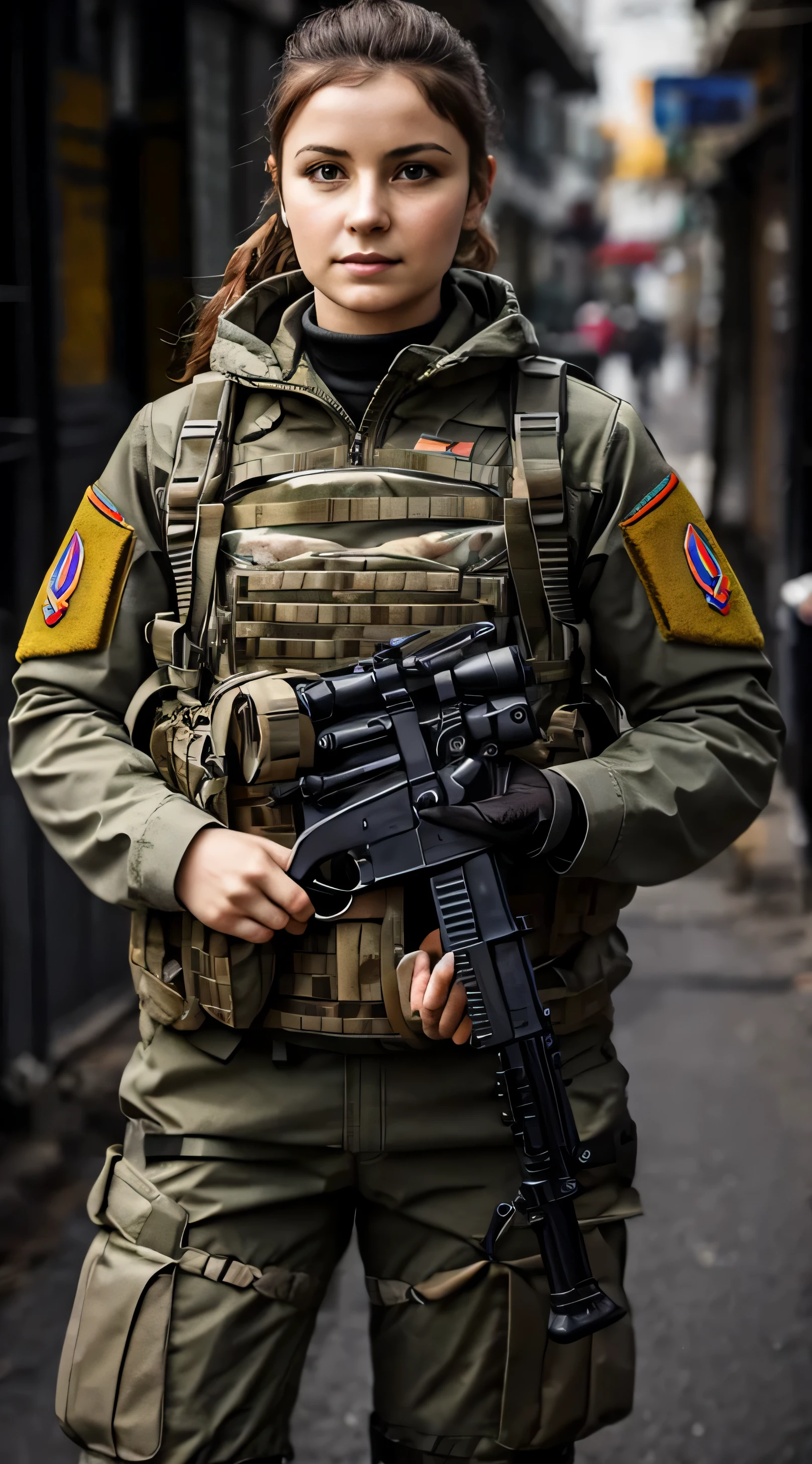 Ukrainian female soldiers,It's beautiful,Female warrior holding 8k futuristic gun, hyper HD, severe low light, high high quality, Focus sharp, XT3