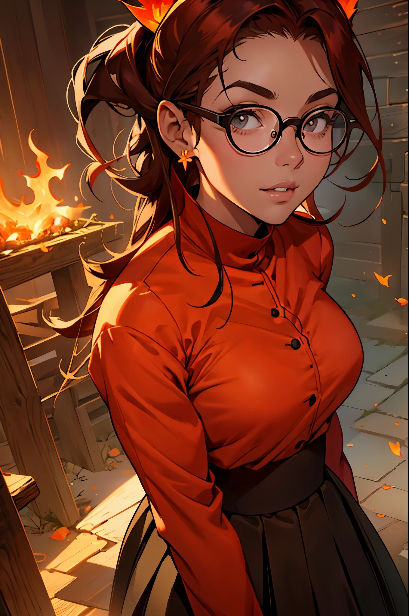 (ember:1.5), A wide round face complements a narrow nose, and thick lips, (Magic:1.1), in full height, (teacher:1.3), graves, eyeglasses. (solo:1.3)