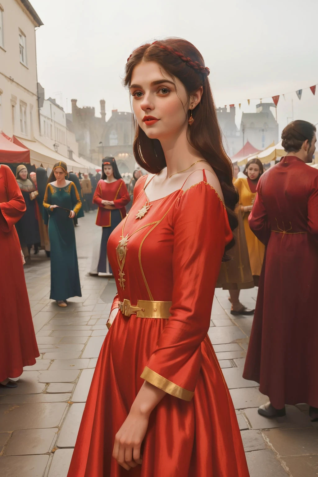 1140, Kingsbridge, England. otherworldly scene in a medieval crowded outdoors market, ((((20-year-old)) Alexandra Daddario)), in the middle of a multitude, ((hateful smile)), ((((scarlet tunic gown from the 12th century)))), ((Hairstyle of the 12th century)), ((Wes Anderson cinematic style)), colorful