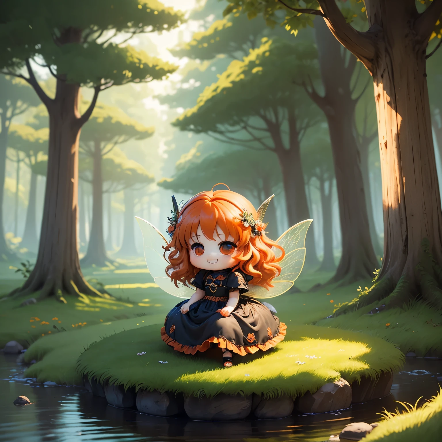 ​masterpiece、top-quality、ultra-detailliert、(Chibi Chara Fairy:1.3),Long orange wavy hair sways in the wind,Black eyes,The orange paper long dress has gorgeous decorations.,sit on orange,Open your mouth and smile。fairy tale summer forest,