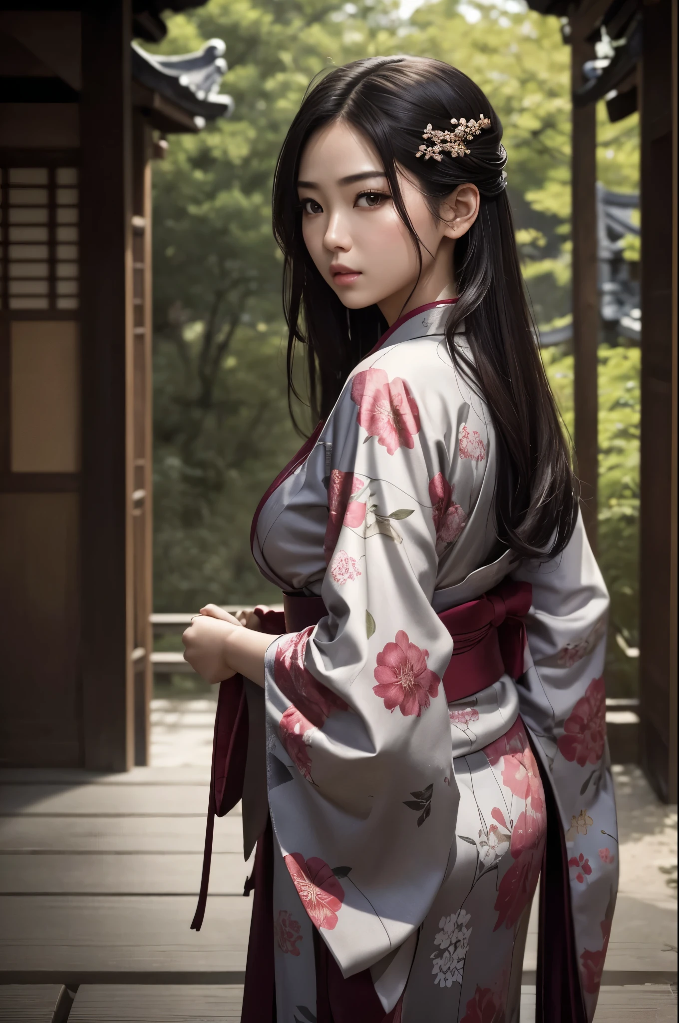 8K,(​masterpiece、top-quality:1.3)、超A high resolution,18year old,Highly detailed portrait of a beautiful girl、Super beauty(Like the real thing),length hair、Curvaceous、(1girl in)、((s lips))、(nase)、((Long face))、beautiful、elegent、Stylish、a sultry、A sexy、sharp gaze,Rugged look,Look at viewerlorals、soft makeup、Textured、like pattern ilm、Dynamic Posture、wide Shots、 Dramatic Lighting:1.1、(gradients)、naturey、(face perfect)、outline oconitide、Warmth、light particules、(depth of fields)、(intricate-detail:1.2)、(highly detailed back ground)、East Asian Architecture,The charm of wearing kimono for adults,florals魁(Flashy kimono)facing front,A sexy,glares,gloomy atmosphere,Normal breasts,in woods,combat scene,action scene,actionpose,have a talisman in hand,