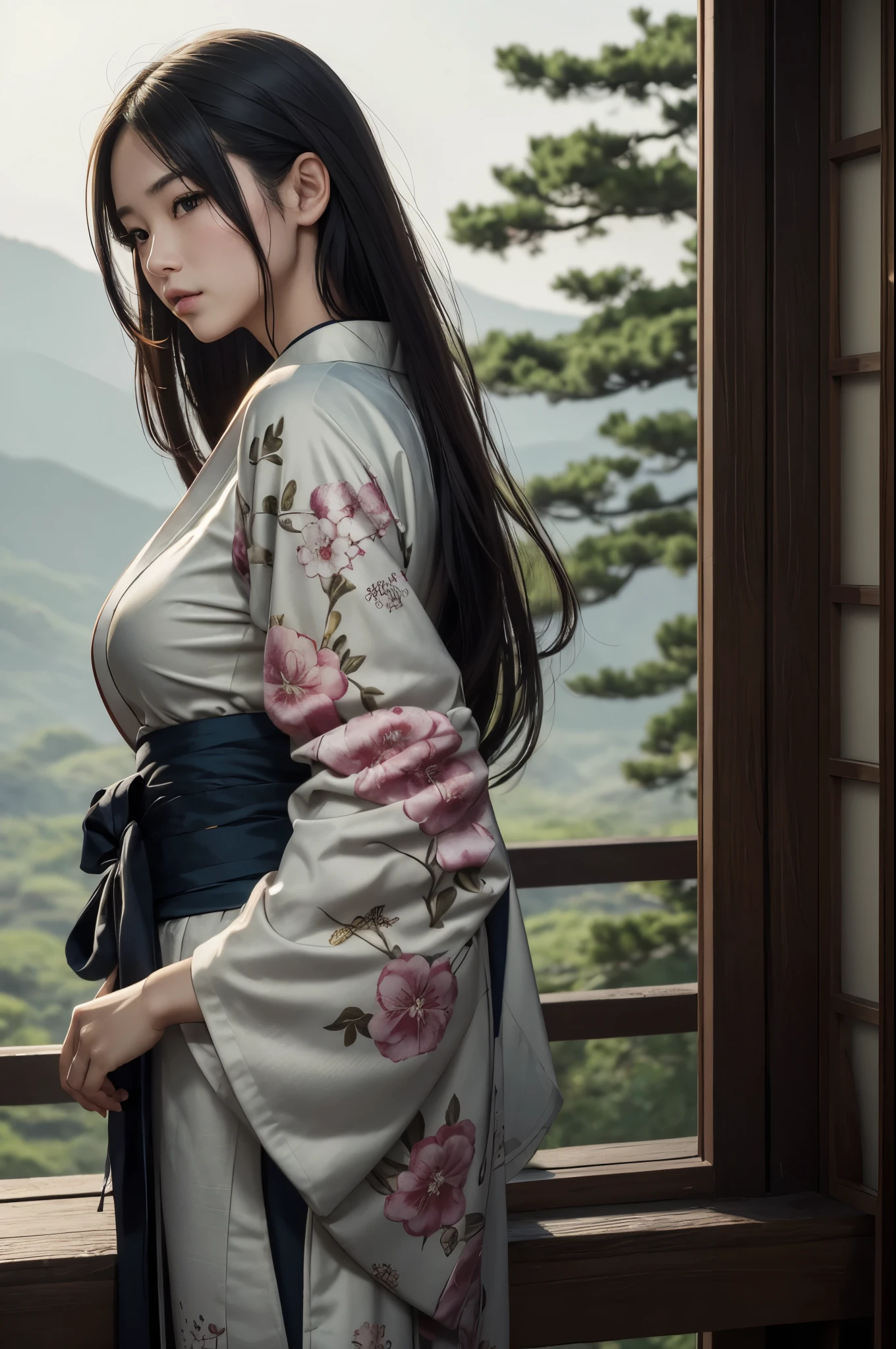 8K,(masterpiece、top-quality:1.3)、超A high resolution,18year old,Highly detailed portrait of a beautiful girl、Super beauty(Like the real thing),length hair、Curvaceous、(1girl in)、((s lips))、(nase)、((Long face))、beautiful、elegent、Stylish、a sultry、A sexy、sharp gaze,Rugged look,Look at viewerlorals、soft makeup、Textured、like pattern ilm、Dynamic Posture、wide Shots、 Dramatic Lighting:1.1、(gradients)、naturey、(face perfect)、outline oconitide、Warmth、light particules、(depth of fields)、(intricate-detail:1.2)、(highly detailed back ground)、East Asian Architecture,The charm of wearing kimono for adults,florals魁(Flashy kimono)facing front,A sexy,glares,gloomy atmosphere,Normal breasts,in woods,combat scene,action scene,actionpose,have a talisman in hand,