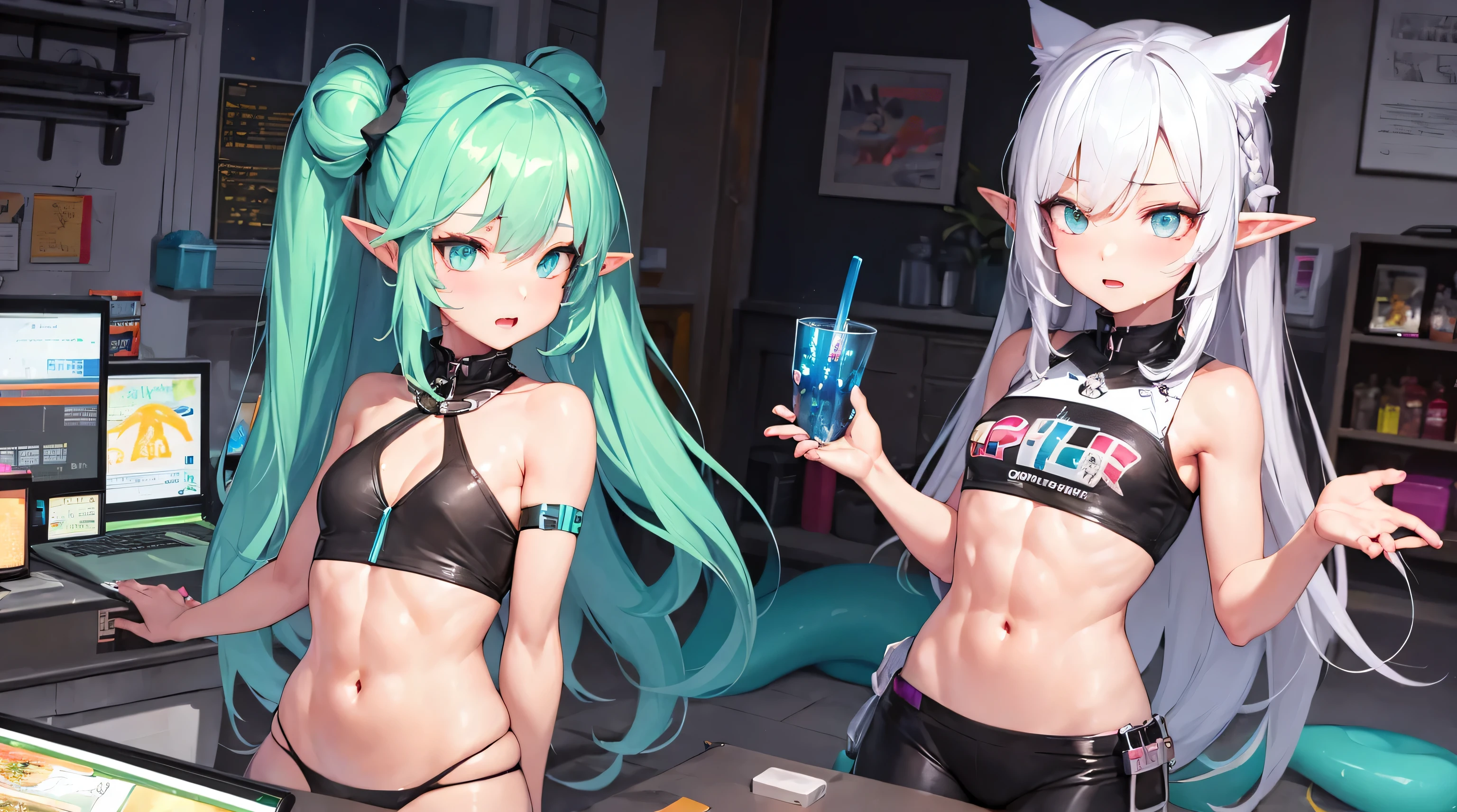 two beautiful skinny elf girls, rainbow color, neon grean and teal haircolor, space buns, cute face, giant green and black octopus tentacles touching the girls, extreme abs, cute face, rainbow colors, city, cityscape, ancient ruins, beautiful girls, cute face, desert, cute face, long neon colored hair, cat ears, extreme abs, rainbow colors, laboratory, desert oasis, cute face, water, detailed scene, futuristic style, rainbow colors, neon green detailes, in a e-girl room with a lot of stuff on the walls, neon blue extremely long hair, cute face, extreme abs, very skinny, futuristic style, computer, cute face, cluttered room, art paintings, neon signs, window, drow elf, extreme abs,