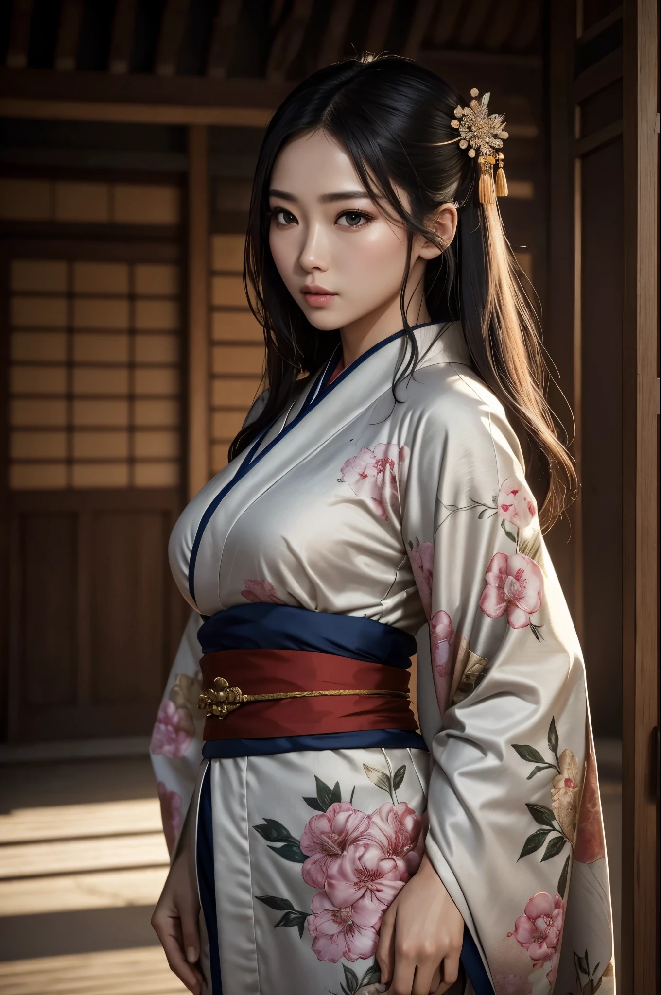 8K,(masterpiece、top-quality:1.3)、超A high resolution,18year old,Highly detailed portrait of a beautiful girl、Super beauty(Like the real thing),length hair、Curvaceous、(1girl in)、((s lips))、(nase)、((Long face))、beautiful、elegent、Stylish、a sultry、A sexy、sharp gaze,Rugged look,Look at viewerlorals、soft makeup、Textured、like pattern ilm、Dynamic Posture、wide Shots、 Dramatic Lighting:1.1、(gradients)、naturey、(face perfect)、outline oconitide、Warmth、light particules、(depth of fields)、(intricate-detail:1.2)、(highly detailed back ground)、East Asian Architecture,The charm of wearing kimono for adults,florals魁(Flashy kimono)facing front,A sexy,glares,gloomy atmosphere,Normal breasts,in woods,combat scene,action scene,actionpose,have a talisman in hand,