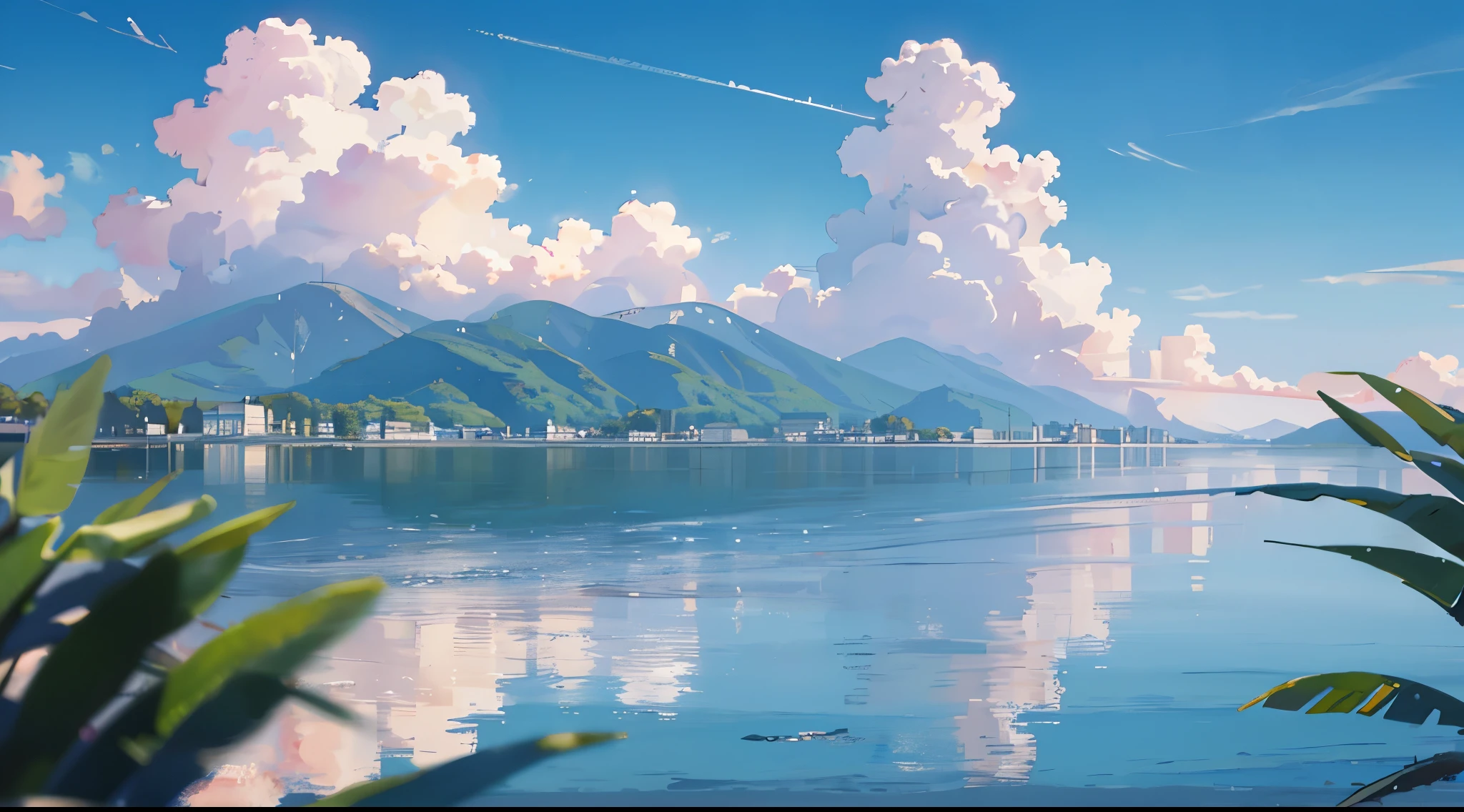 no humans, scenery, vanishing point, from below, masterpiece, best quality, 8k, absurdres, water surface, summer, noon, sunlight, blue sky, perspective, depth of field, highres, finely detail, ultra-detailed, sharp focus