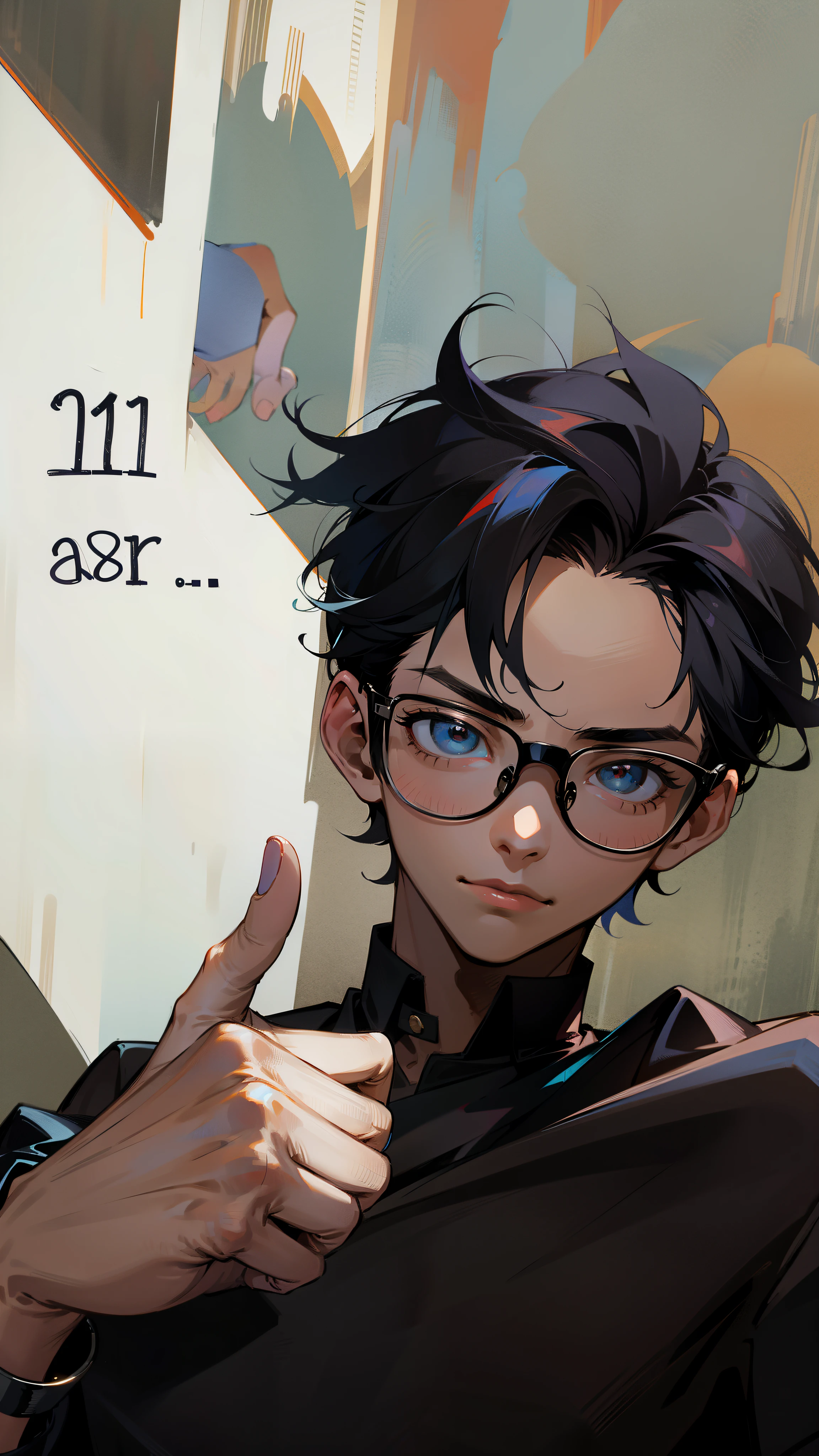 there is a ager boy with glasses and a black shirt giving a thumbs up, with index finger, 19 years old, (young handsome face)