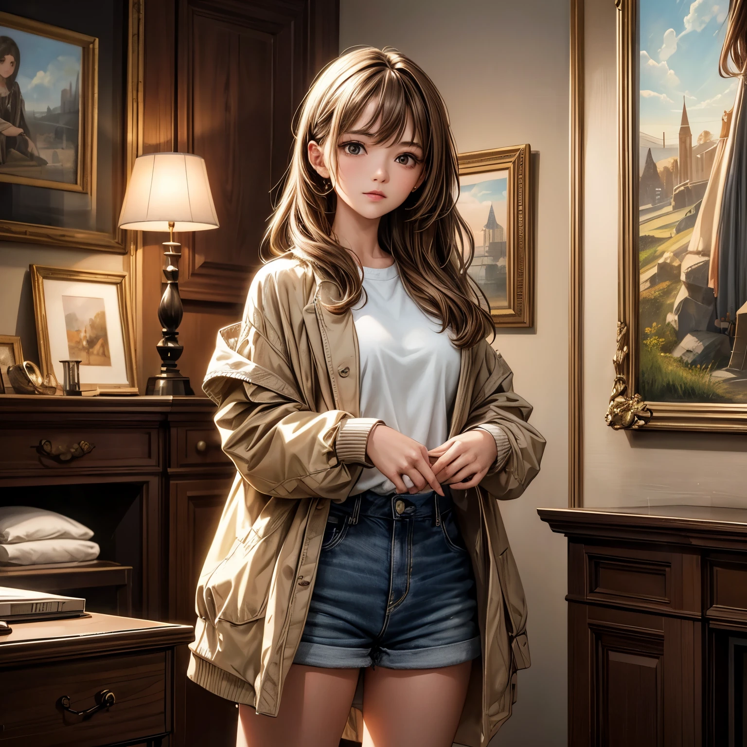 A woman with light brown hair, looking blankly into the distance, is the main subject of the painting. She stands alone in the scene. The painting is a long shot, capturing the woman from head to toe. The woman is wearing a blouson jacket on top of a shirt, paired with short shorts.

The painting is of ultra-detailed quality, with intricate details in every aspect. The artist pays attention to the smallest details, ensuring that the artwork is highly realistic and photorealistic. The colors used in the painting are vibrant, creating a lively and eye-catching composition. The overall tone of the painting is warm, with a palette that includes rich and inviting hues.

The lighting in the painting is soft, creating a gentle and dreamy atmosphere. The light source casts a warm glow on the woman, highlighting her features and creating a subtle play of shadows. The lighting adds depth and dimension to the painting.

The prompt for generating this painting is as follows:

woman, light brown hair, blankly, long shot, ultra-detailed, blouson jacket on shirt and short shorts, vibrant colors, warm tones, soft lighting