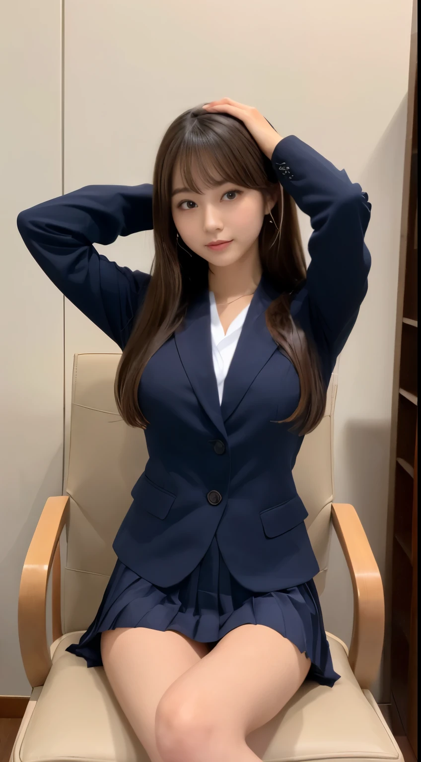 Best-quality, Masterpiece, Ultra-High-Resolution, (Photorealistic:1.4), Raw-Photo, Extremely-Detailed, Perfect-Anatomy,
1girl, 18-years-old, the famous Japanese idol, front view, close-up of crotch, sitting on luxury chair, ((spread legs)), ((hands on head)), ((wearing only extremely-sexy-small-panties under navy-blue-pleated-skirt on lower-body)), ((wearing only extremely navy-blue-blazer on upper-body)), ((extremely cute face like a most popular Japanese idol, extremely beautiful large-black-solid-circle-eyes, extremely beautiful blonde hair)), extremely beautiful lips, extremely beautiful white skins, extremely beautiful long-eyelashes, extremely beautiful inner-thighs, extremely beautiful legs