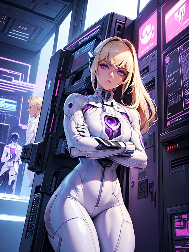 ((Best Quality)), ((Masterpiece)), (Detail: 1.4), Intricate details, Cinematic lighting, Sharp focus, Detailed face, Cyberpunk man with blonde hair, Cybernetic purple eyes, Glowing eyes, (White business outfit:1.5), Tall man, holster, (Cybernetic arms:1.4), Futuristic control room,