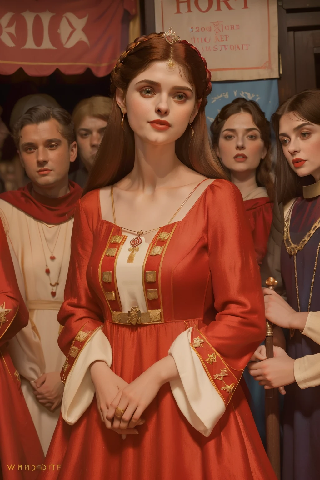 1140, Kingsbridge, England. otherworldly scene in a medieval crowded outdoors market, ((((20-year-old)) Alexandra Daddario)), in the middle of a multitude, ((hateful smile)), ((((scarlet tunic gown from the 12th century)))), ((Hairstyle of the 12th century)), ((Wes Anderson cinematic style)), colorful