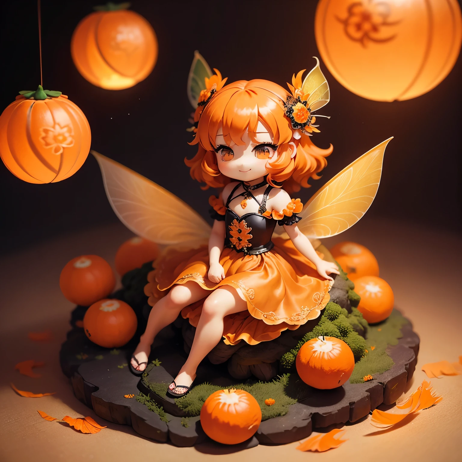 masterpiece、top-quality、ultra-detailliert、(Chibi Chara Fairy:1.3),Long orange wavy hair sways in the wind,Black eyes,The orange paper long dress has gorgeous decorations.,(sit on a mandarin orange:1.3),Open your mouth and smile。fairy tale summer forest,