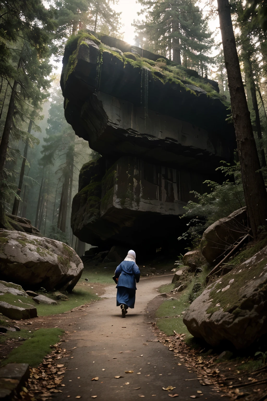 a realistic photo from the back, of a Muslim old lady in an old outfit, running towards a gigantic rock with a horizontal opening parallel to the ground at the bottom, followed by young lady with a little boy crying, in an eerie forest, ultra details, hyper realistic