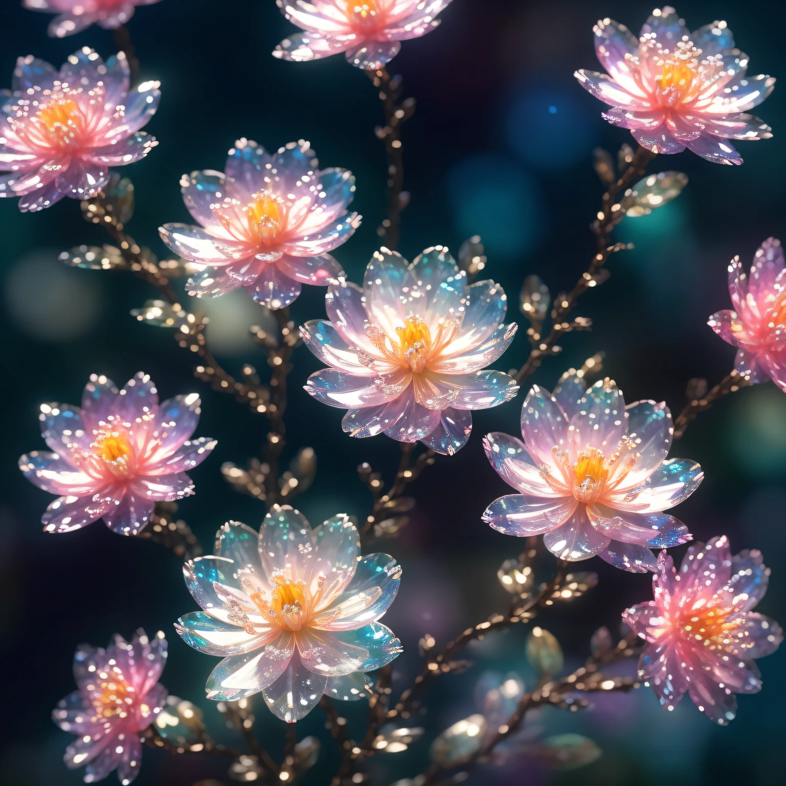 crystal spring blossom,
fantasy, galaxy, transparent, 
shimmering, sparkling, splendid, colorful, 
magical photography, dramatic lighting, photo realism, ultra-detailed, 4k, Depth of field, High-resolution