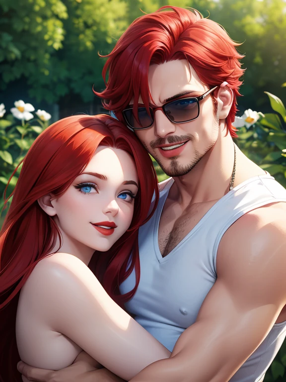 Male, red hair, blue eyes, short shaved beard Put on sunglasses Hugging a woman with long red hair, blue eyes, red lipstick, smiling, a garden scene, very perfect face, clear details. Up to 8K resolution, perfect details, perfect face.