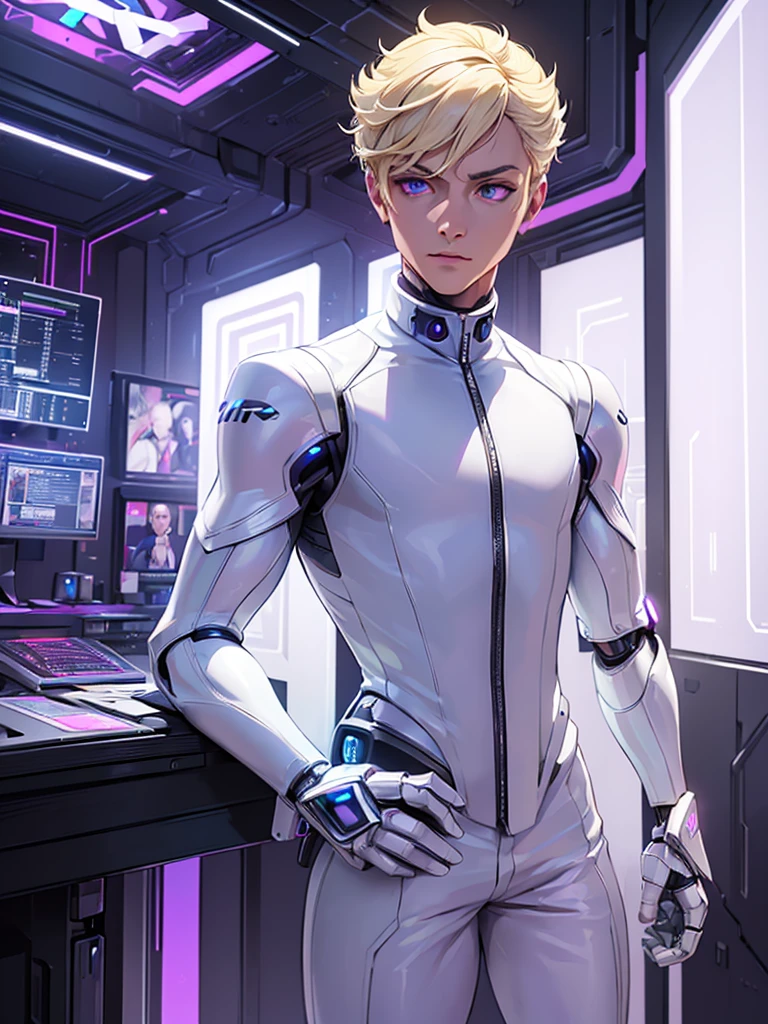 ((Best Quality)), ((Masterpiece)), (Detail: 1.4), Intricate details, Cinematic lighting, Sharp focus, Detailed face, Cyberpunk man with blonde hair, Cybernetic purple eyes, Glowing eyes, (White business outfit:1.5), Tall man, holster, (Cybernetic arms:1.4), Futuristic control room,