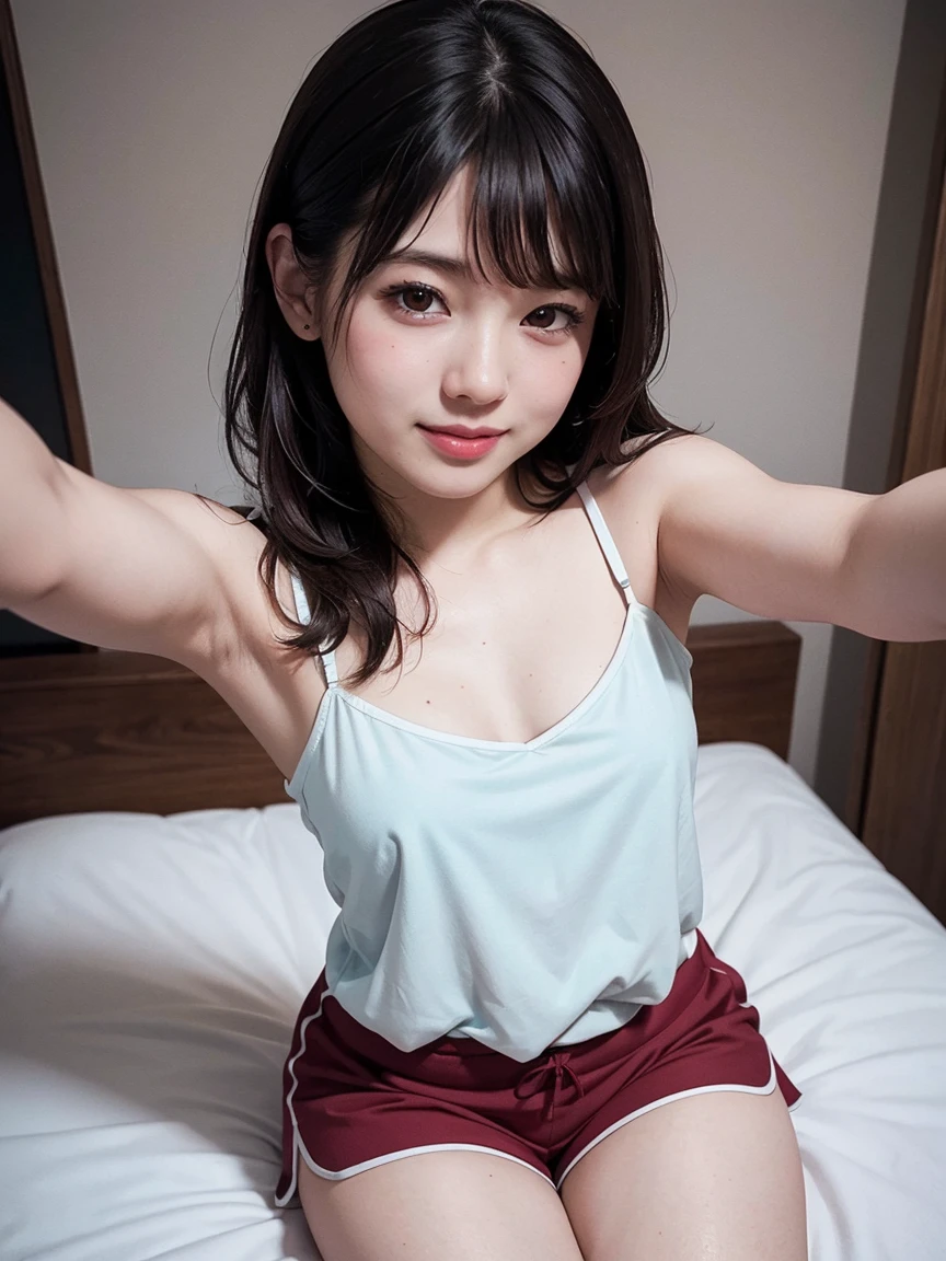 realistic, 2girls, ((selfie)), brown eyes, body close together, looking up, mouth wide open, smiling, face extra large zoom, sitting on bed, sexy, (bare shoulders), (covered nipples), (camisole), (dolphin shorts), (small breasts)