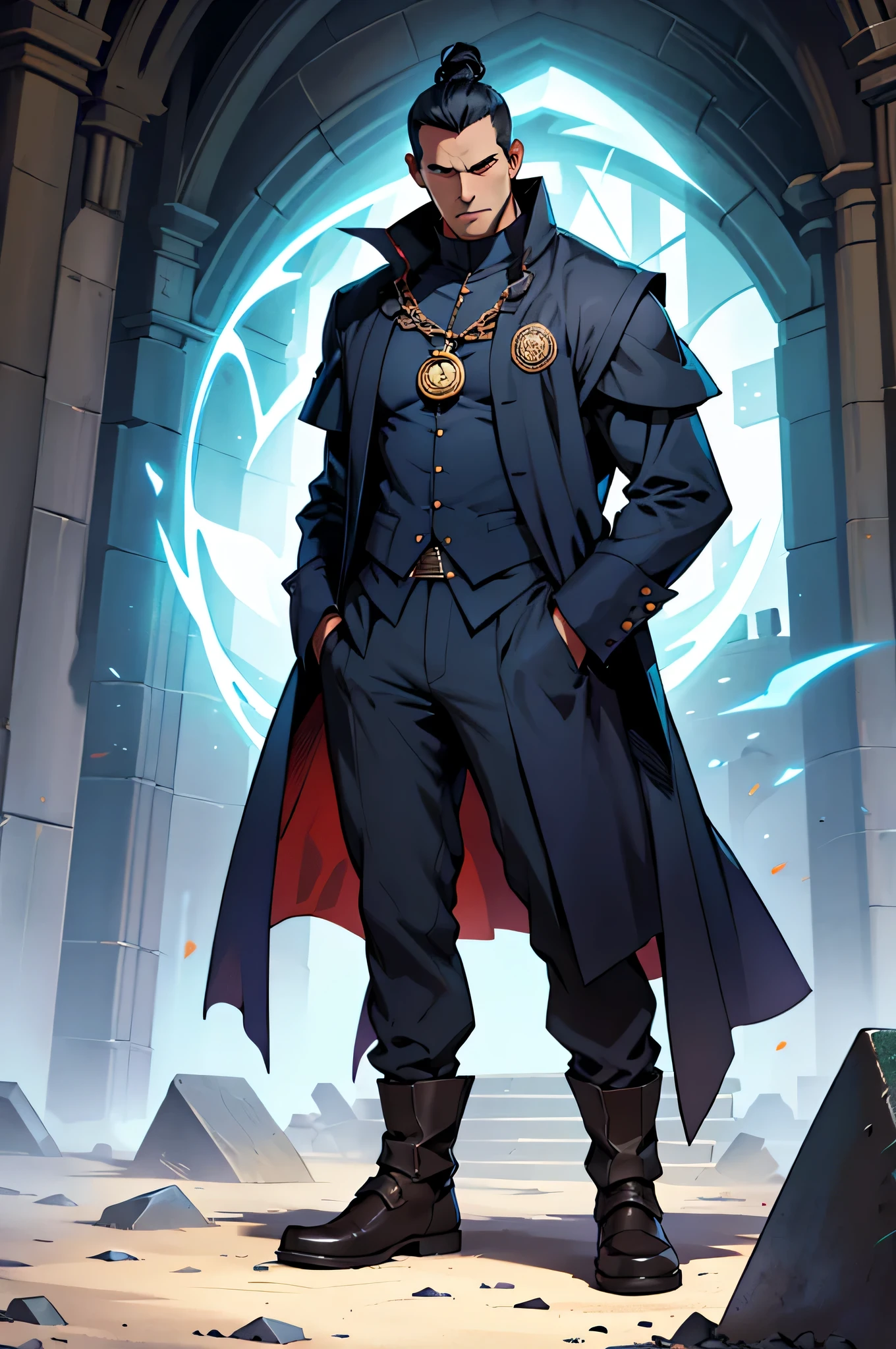 (Magic:1.1), in full height, (Teacher:1.3), graves, (Solo man:1.3), (mage:1.2), powerfull, weak constitution, calm person, hands in pocket