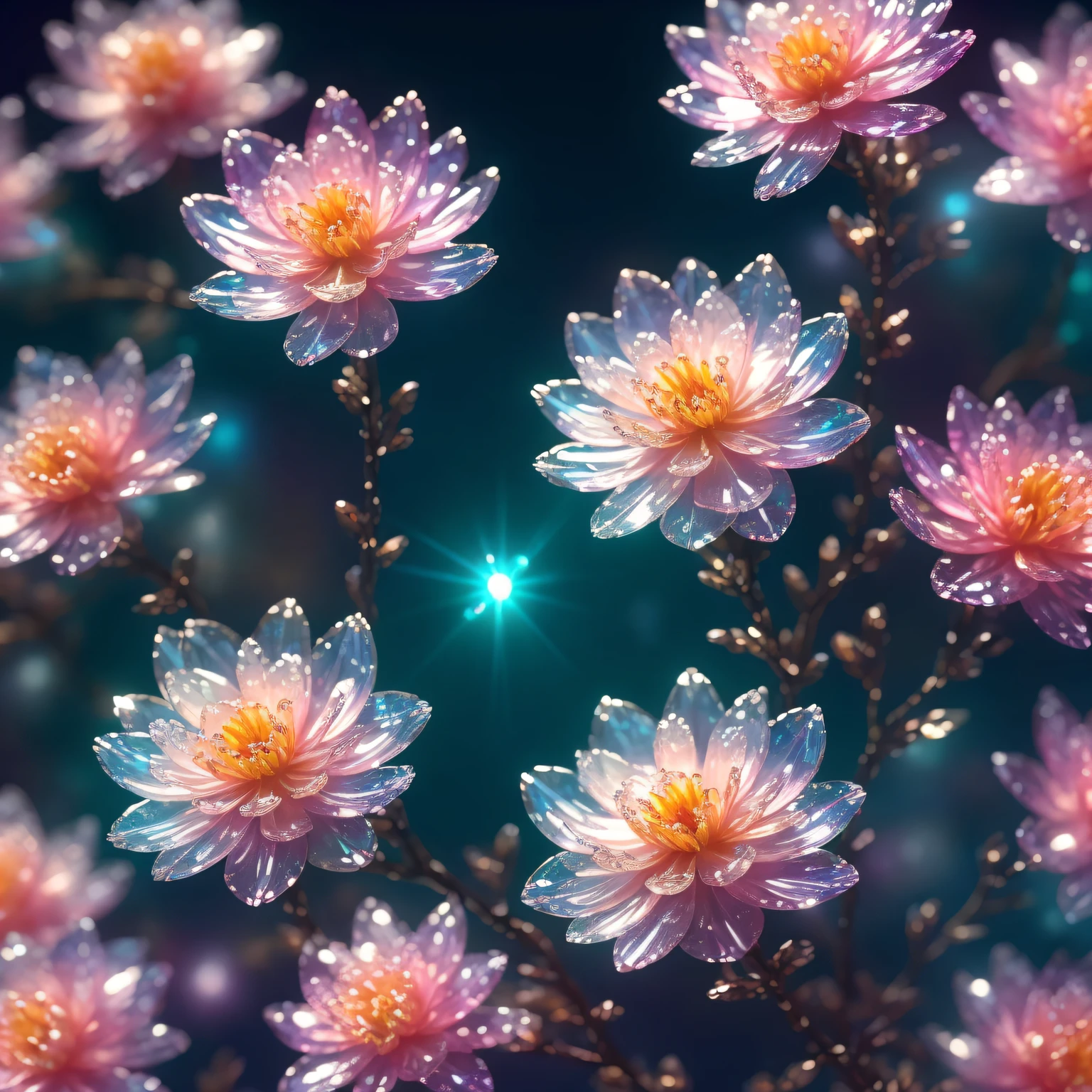 crystal spring blossom,
fantasy, galaxy, transparent, 
shimmering, sparkling, splendid, colorful, 
magical photography, dramatic lighting, photo realism, ultra-detailed, 4k, Depth of field, High-resolution