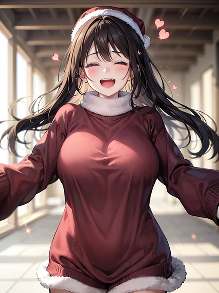 girl with、cosy sweater on、The upper part of the body、(Huge laughter:1.1)、(Opening Mouth:1.1)、(widely opened eyes:1.2)、Sun glare、bokeh dof、Depth of Field Background、Particles of light、heavy wind、(Heart particles:1.1)、Santa Claus Costume