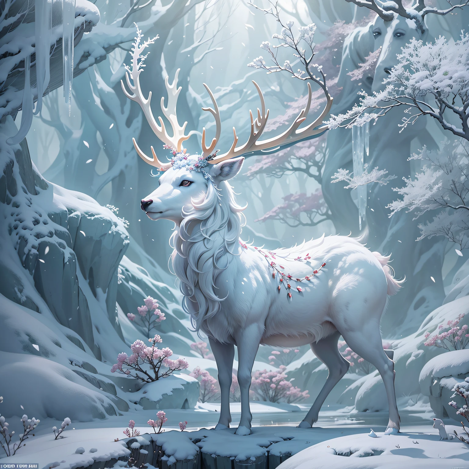 Ice and snow deer that come leisurely, The pure white body realizes the ice wonderland, Yan Jun changed the wind, Exhale white air in transparent air, Together with the ethereal trees, it forms a fantastic sight, High-quality CG paints a spectacular picture, Yue Xiaofei's character design is perfect and exquisite, The curves are great, And the whole scene is more like the outer world under the blessing of the depth of field effect,The theme of the forest,buliding