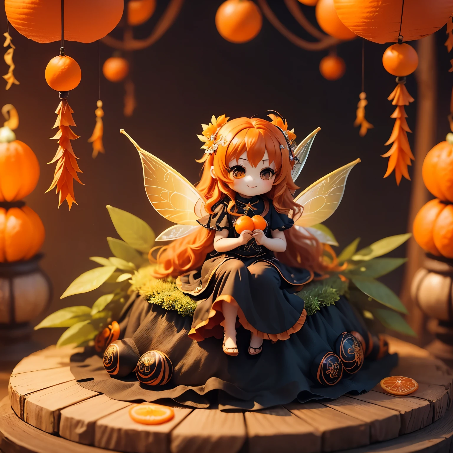 ​masterpiece、top-quality、ultra-detailliert、(Chibi Chara Fairy:1.3),Long orange wavy hair sways in the wind,Black eyes,The orange paper long dress has gorgeous decorations.,(sit on tangerine fruit:1.3),Open your mouth and smile。fairy tale summer forest,