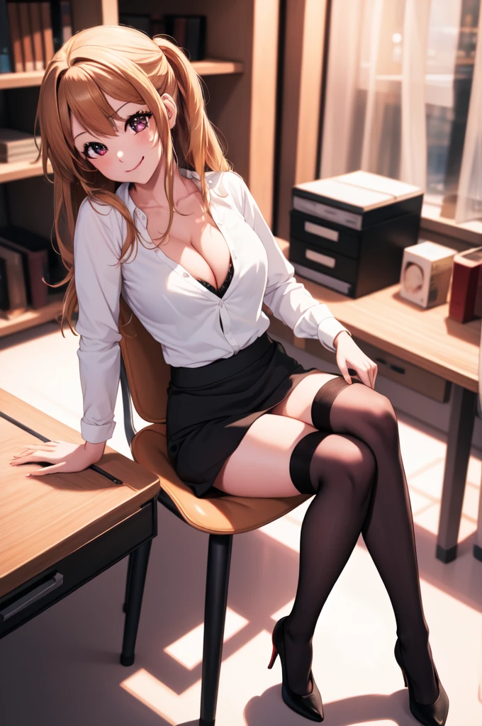 anime, beautiful face, highly detailed face, 2 accurate legs detailed eyes, highly detailed background, perfect lighting, accurate arms, accurate hands, accurate fingers, full body, 1girl, solo, ruby hoshino, oshi no ko, indoors, detailed heels, black detailed thighhighs, indoors, in the office, absurdres, high res, ultrasharp, 8K, masterpiece, looking at viewer, (full body:1.4), teasing smile, black tight skirt, loosely worn shirt, unbuttoned shirt, cleavage, sitting on a office chair, nsfw, beautiful panties, nearly nude, naked, wearing office bra, wearing office panties